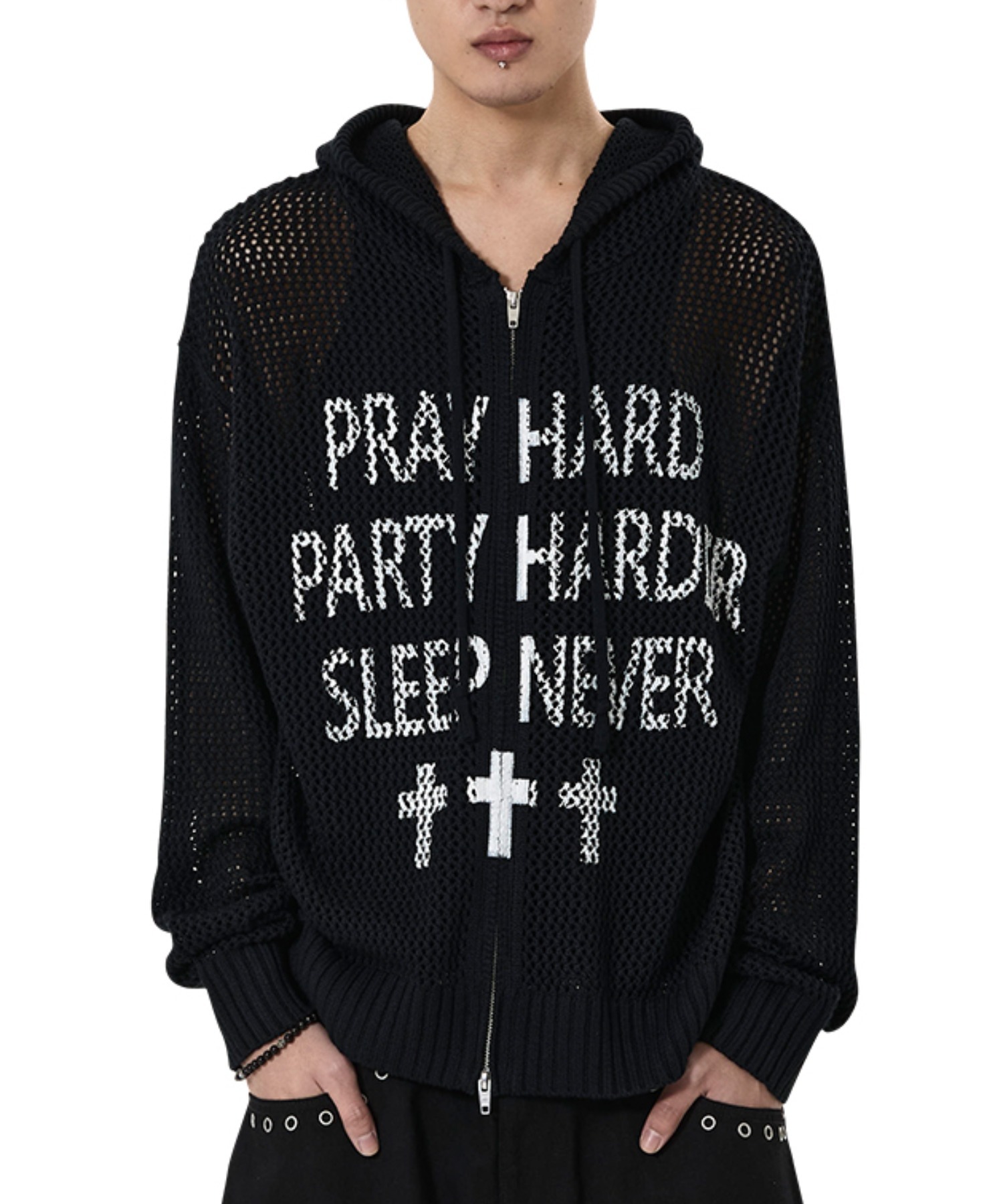 OY/オーワイ』PRAY HARD KNIT HOODIE ZIP UP/プレイハードニットジップ