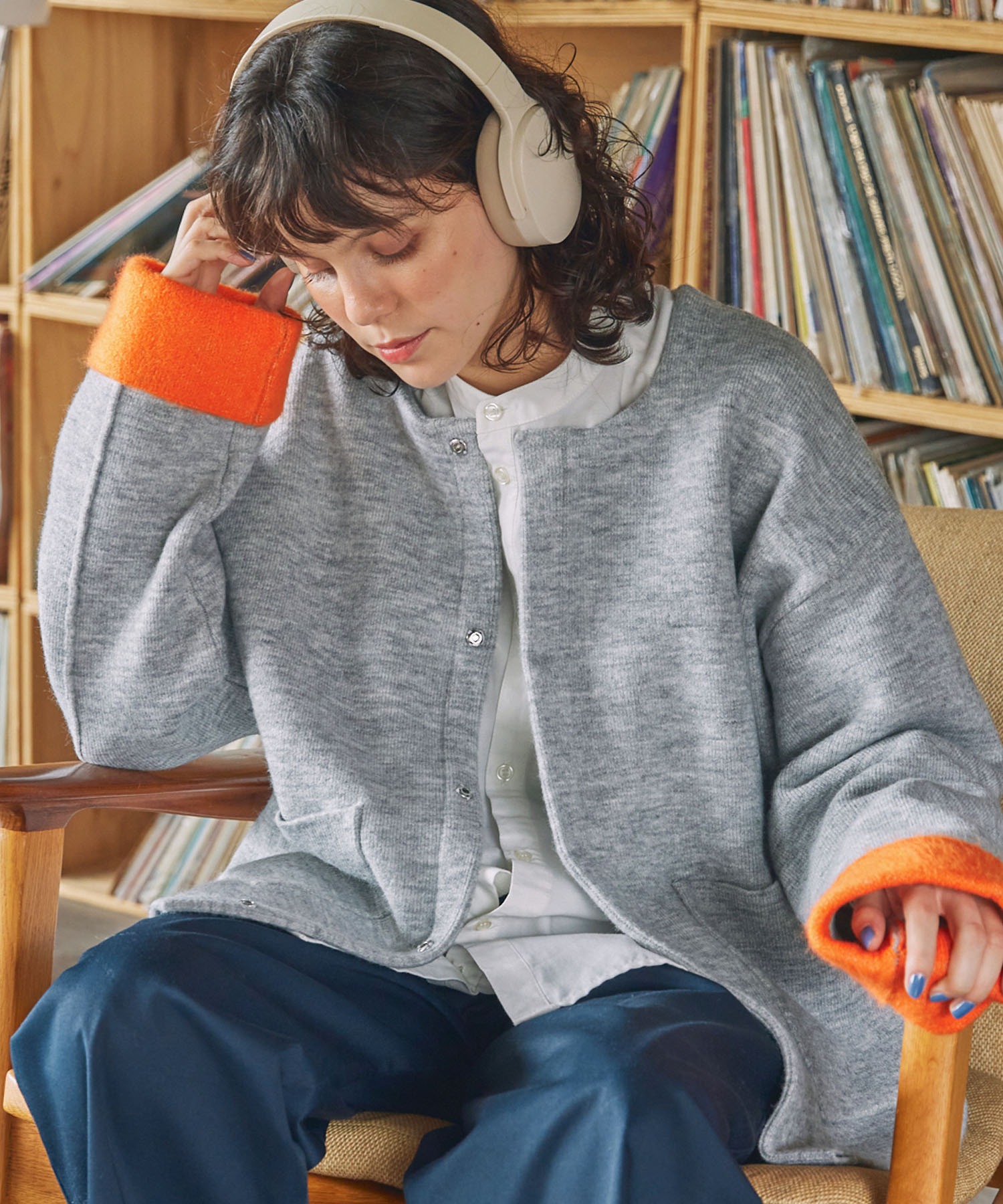 ダブルフェイス配色ノーカラーニットカーディガン MONO-MART LADY'S