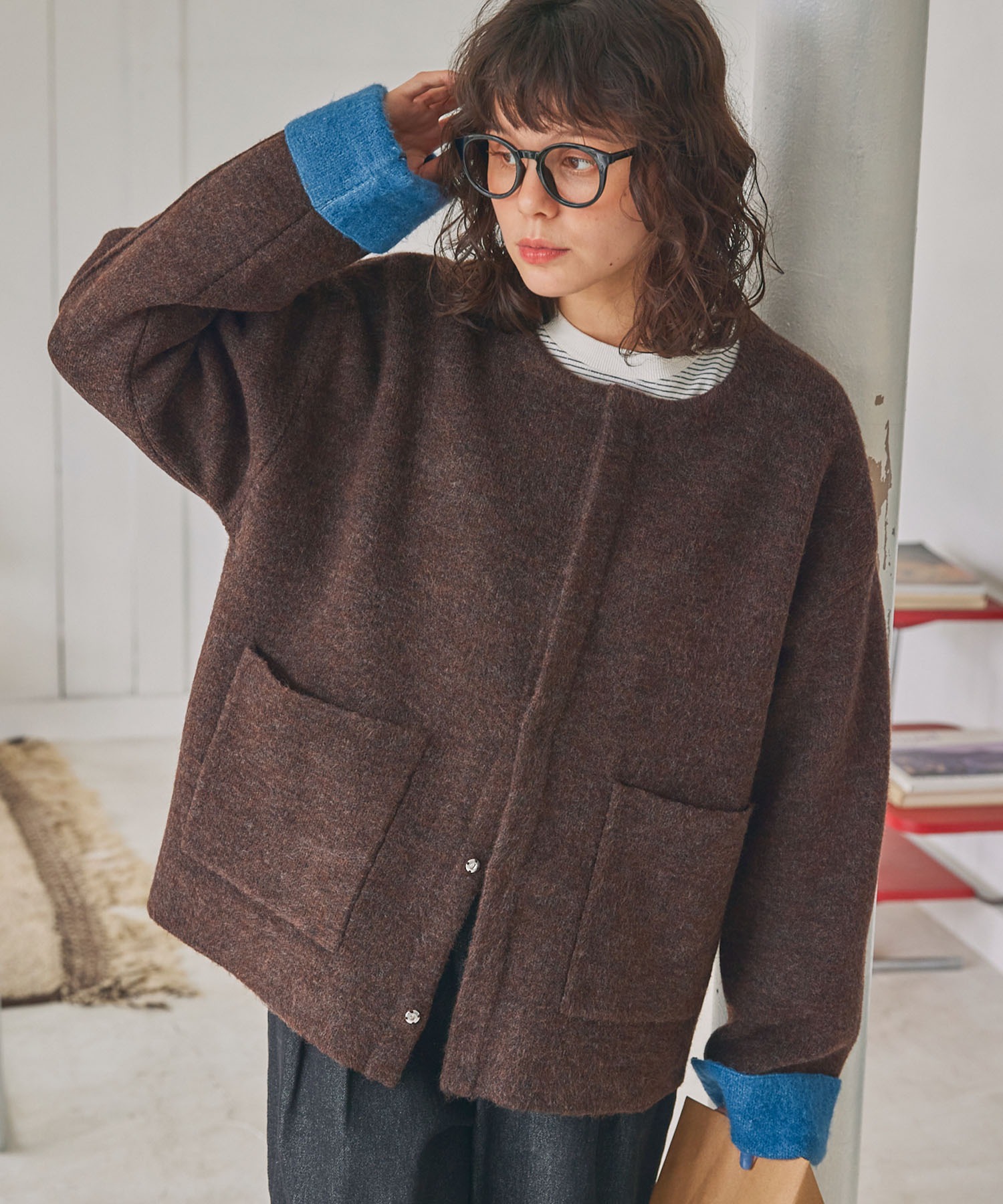 ダブルフェイス配色ノーカラーニットカーディガン MONO-MART LADY'S