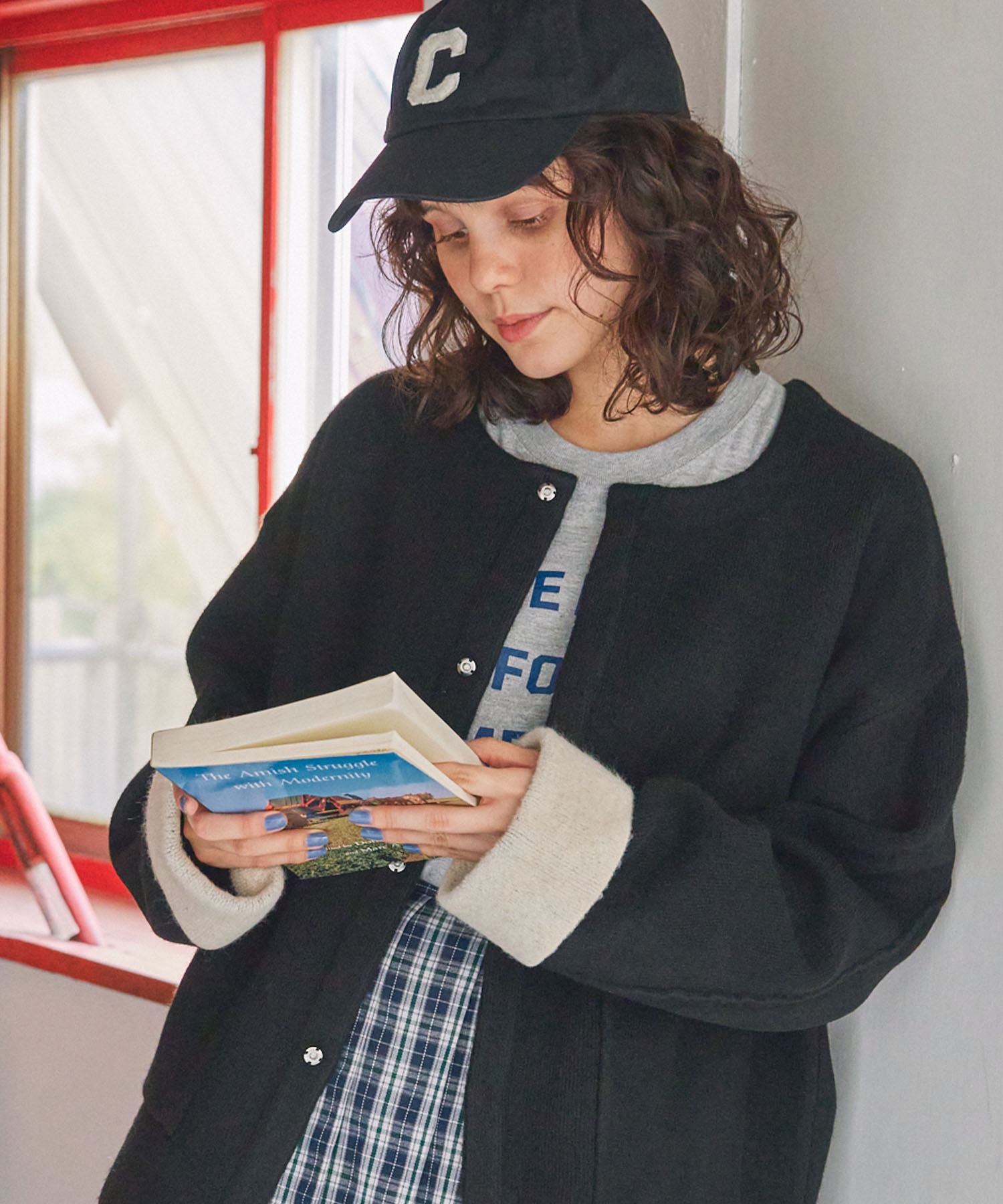 ダブルフェイス配色ノーカラーニットカーディガン MONO-MART LADY'S