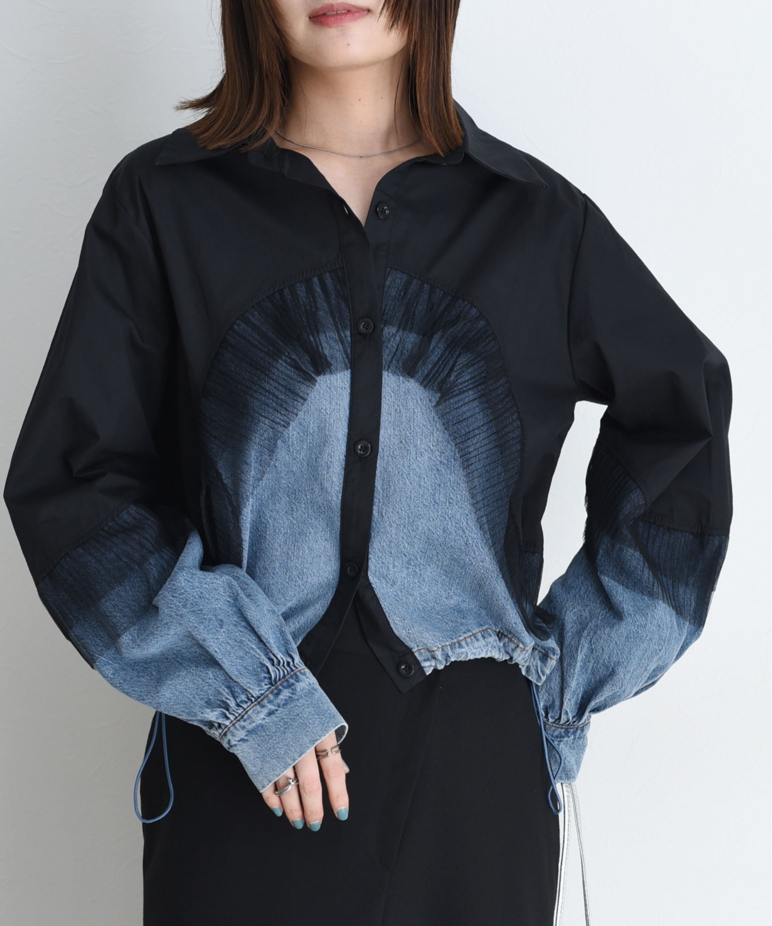 新品　今季　新作　いエイミーロウ　デニムMIXドロストシャツ　ブラック デニムMIXドロストシャツ Eimee Law│Eimee Law & LHELBIE 公式