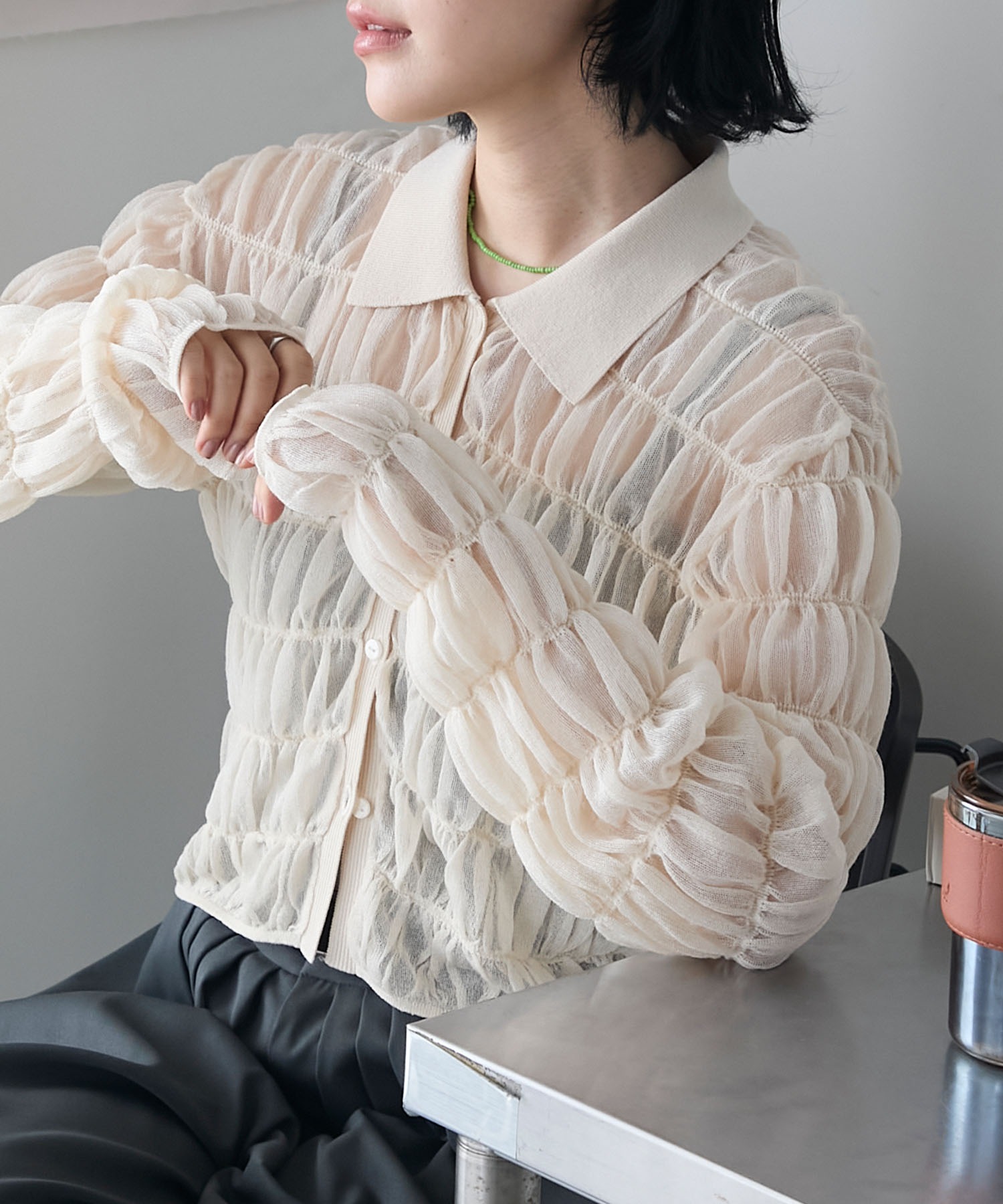 forksy.】シャーリング 襟付き シアーニット カーディガン forksy