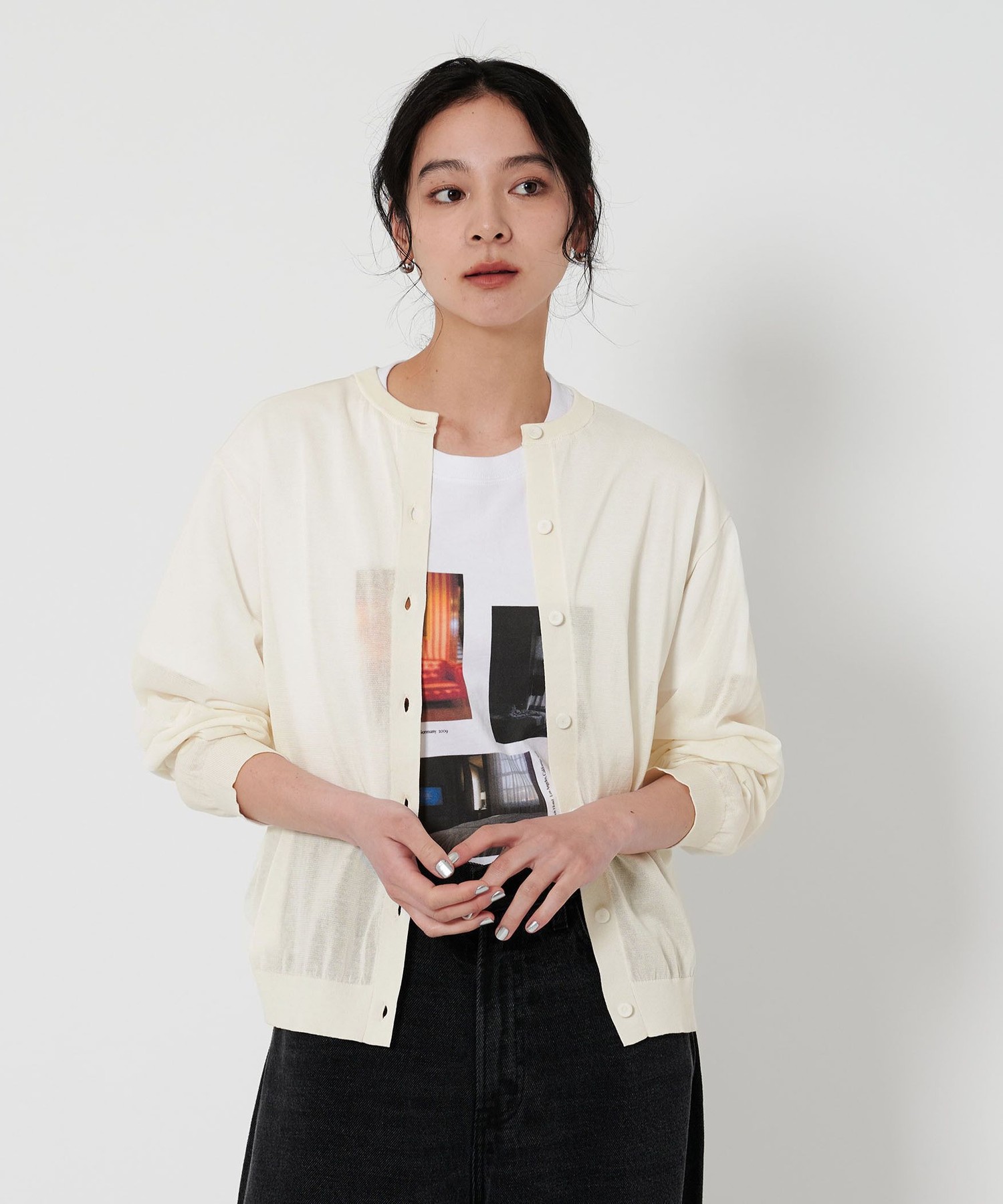 コットンプレーン クルーネック ニットカーディガン -ウォッシャブル-