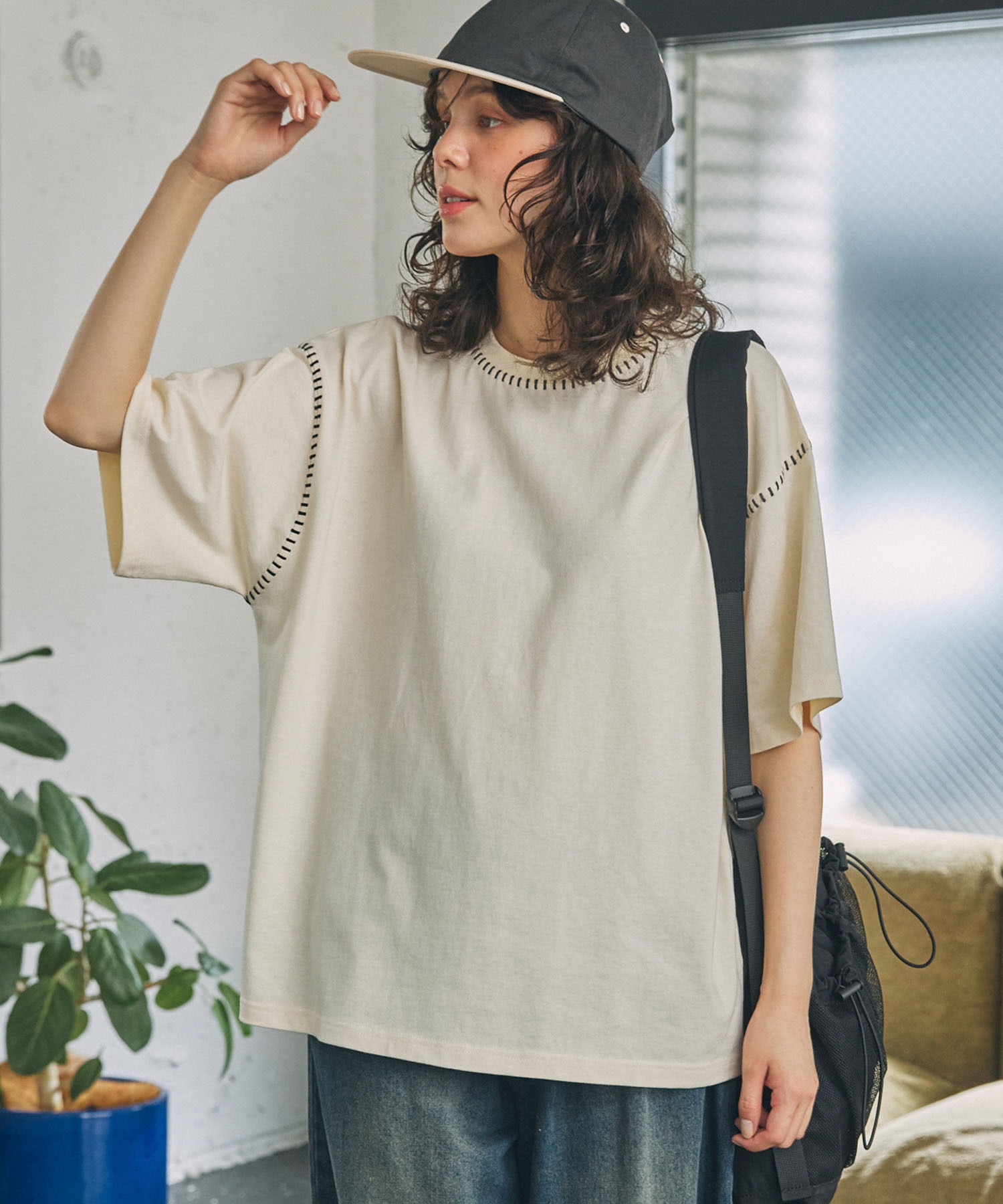 配色ステッチ オーバーサイズ 半袖Tシャツ MONO-MART LADY