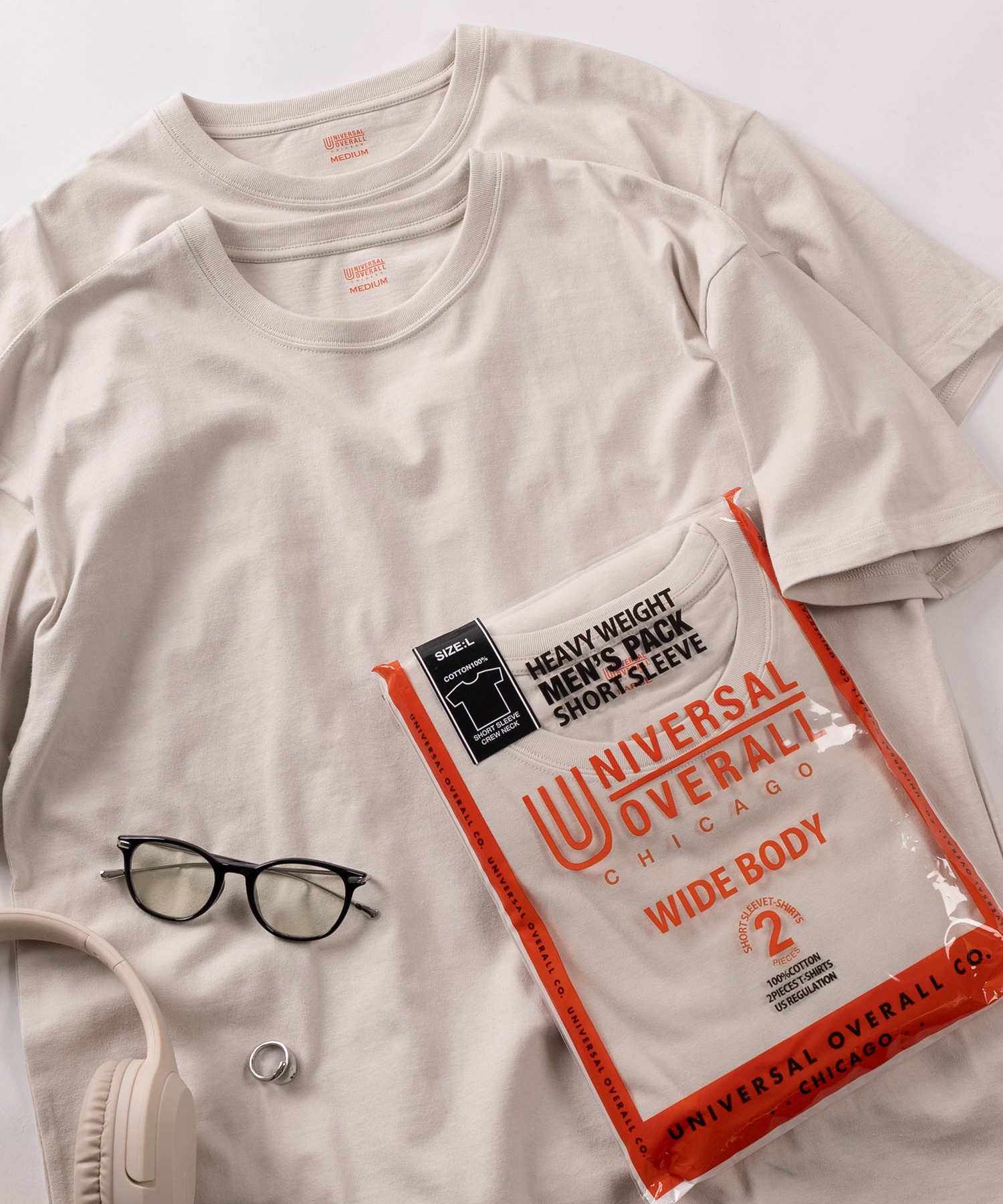 [94] UNIVERSAL OVERALL — хеви уайт круглая футболка Crewneck T (2 шт., пакет), унисекс