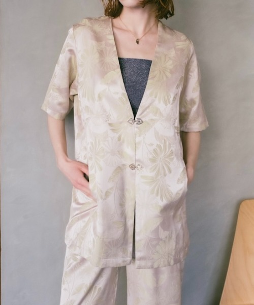 Satin Jacquard Collarless Jacket