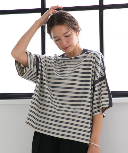 50%OFF coen コーエン FEELING MADE UVカット ユニセックス マルチボーダー ボクシーシルエット Tシャツ ベージュ