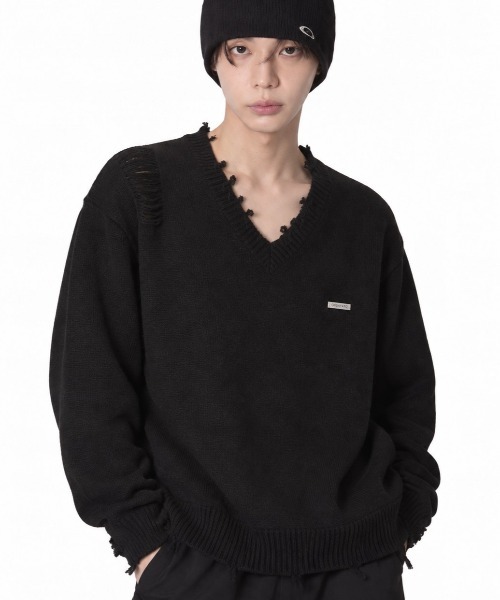 JOHN MASON SMITH 5G オバーサイズ ダメージ ニット 黒 M Openyard/オープンヤード』DISTRESSED V NECK KNIT/ダメージVネック