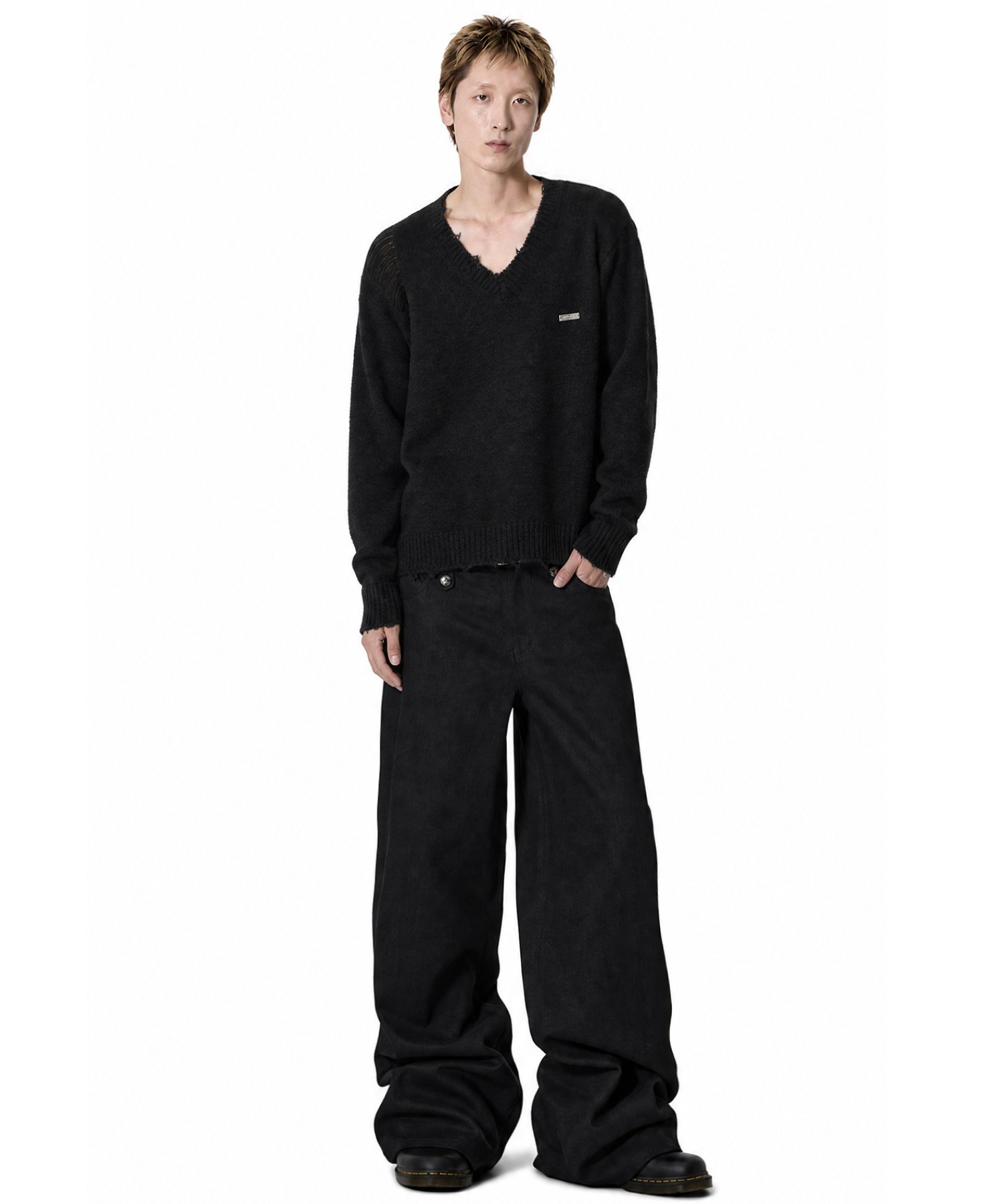八*人様 14thアディクション ダメージ加工 ニットロングスリーブカットソー Openyard/オープンヤード』DISTRESSED V NECK KNIT/ダメージVネック