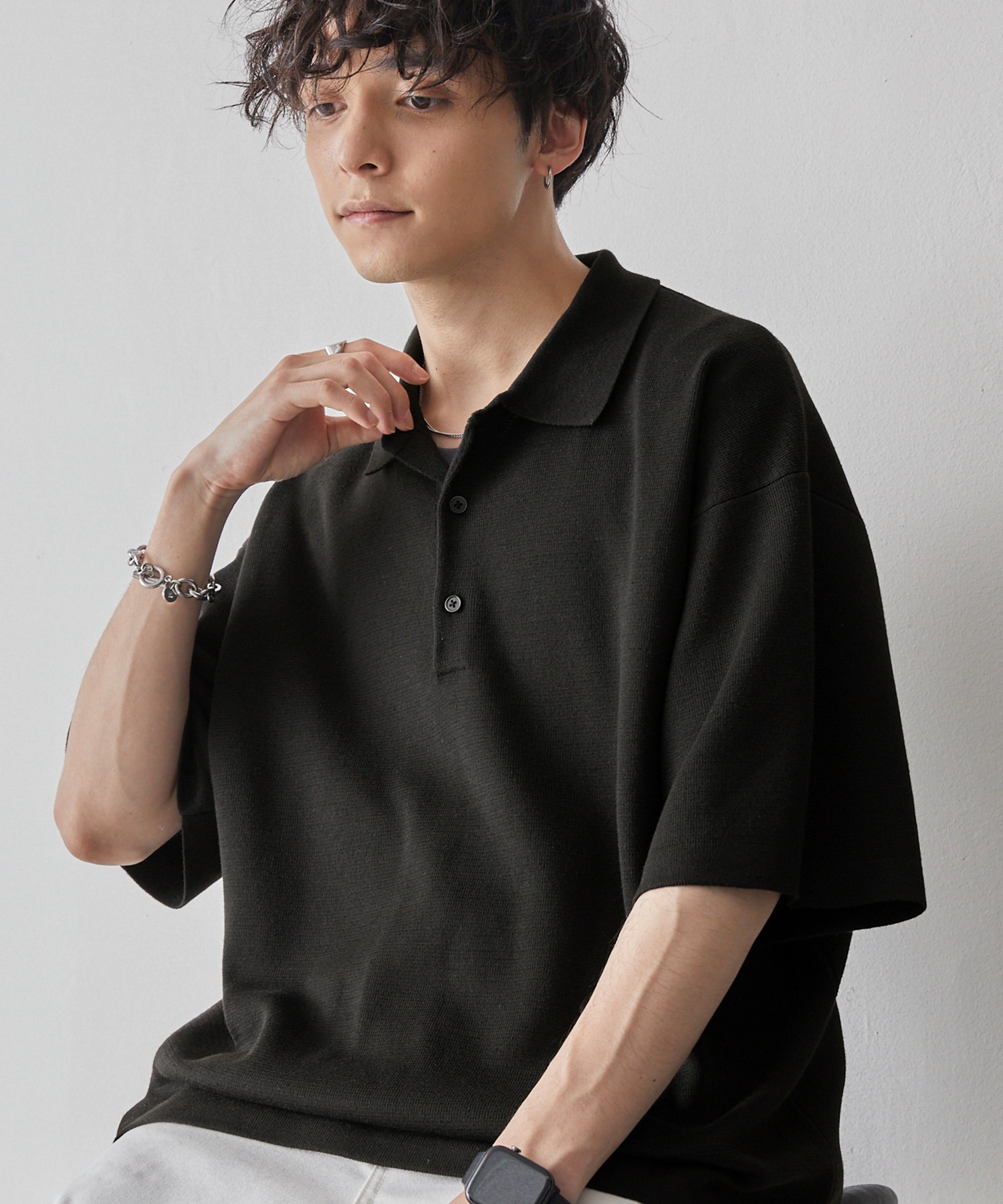 リラックスルーズベーシックミラノ編みニットポロシャツ MONO-MART  