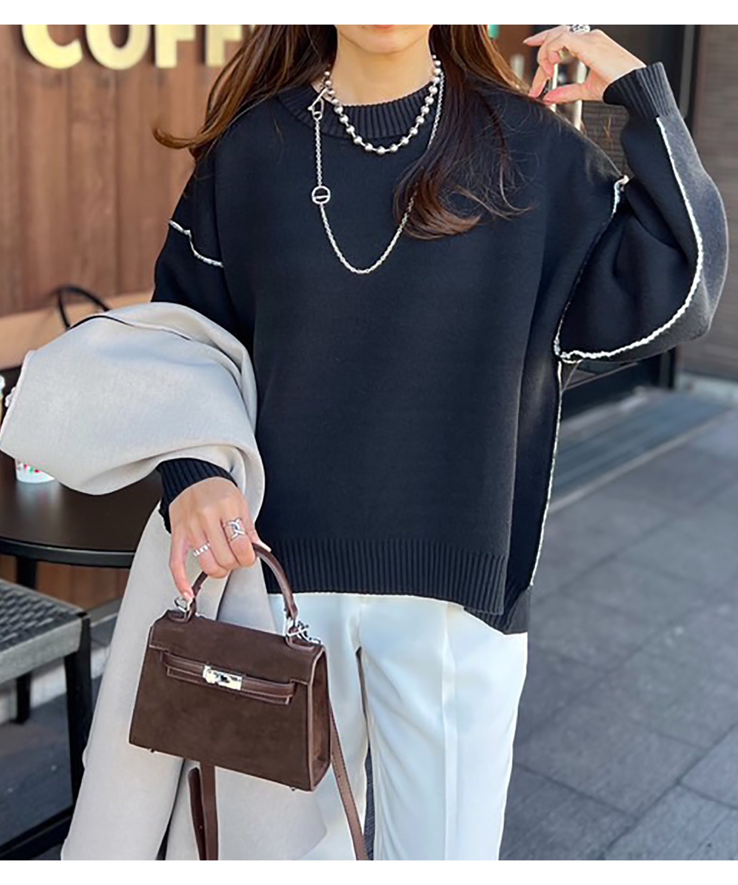 スウェットライクバイカラーコクーンニットプルオーバー Emma Taylor