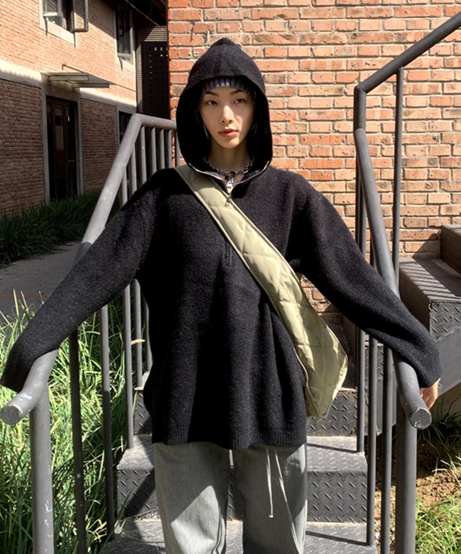 ハーフジップ ニットフーディ LON24a110-ファッション通販サイト