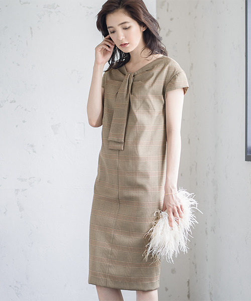 グレンチェック柄ボウタイデザイン結婚式ワンピース 二次会 成人式 同窓会 謝恩会 お呼ばれ対応