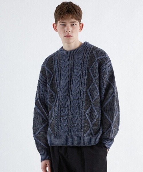 A'GEM/9 × .kom『Code:graphy/コードグラフィー』Cable double excellent pullover knitwear/ケーブルダブルカラーニットソー