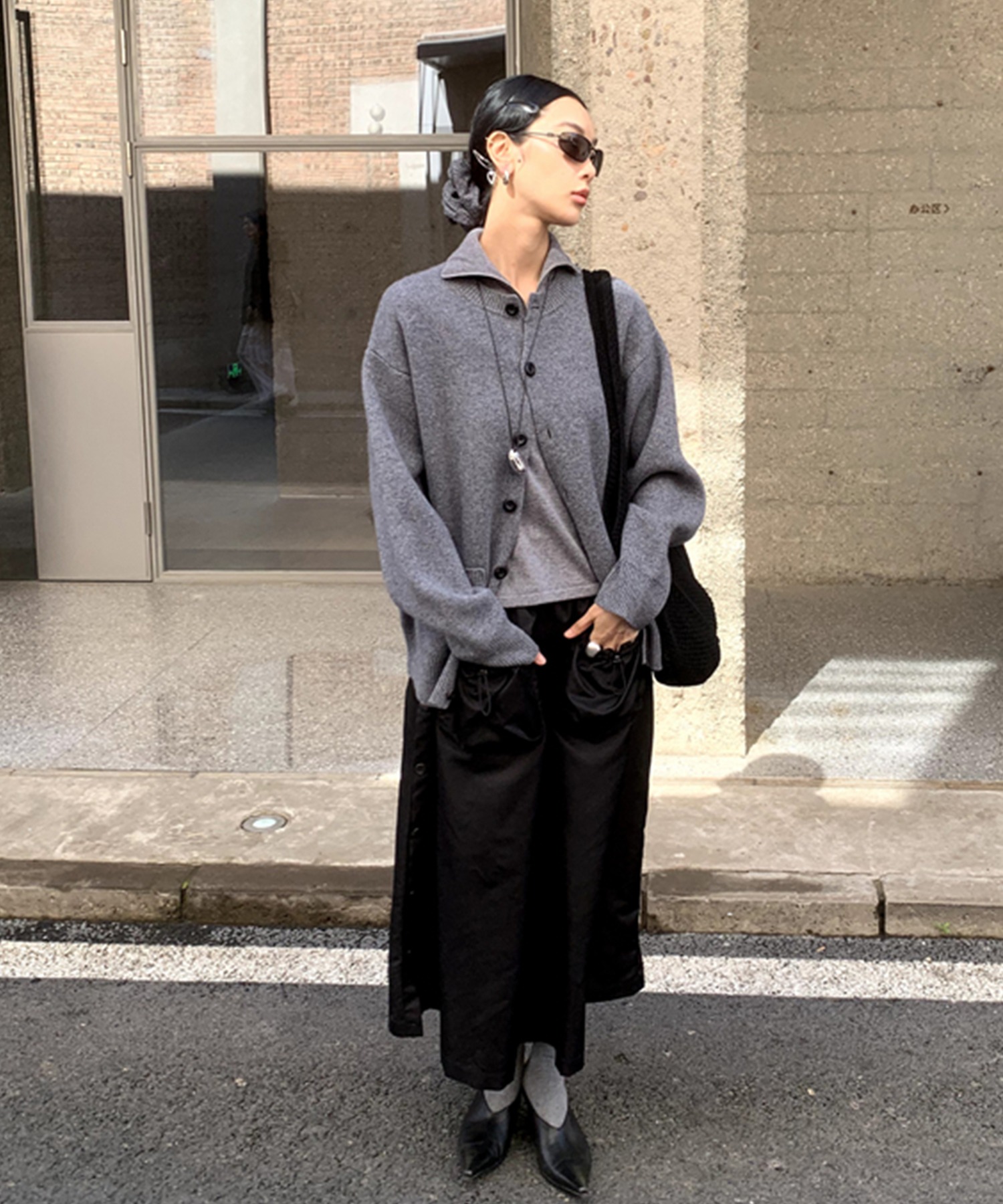 サイドボタン ドロストポケット ナイロンロングスカート LON24a111