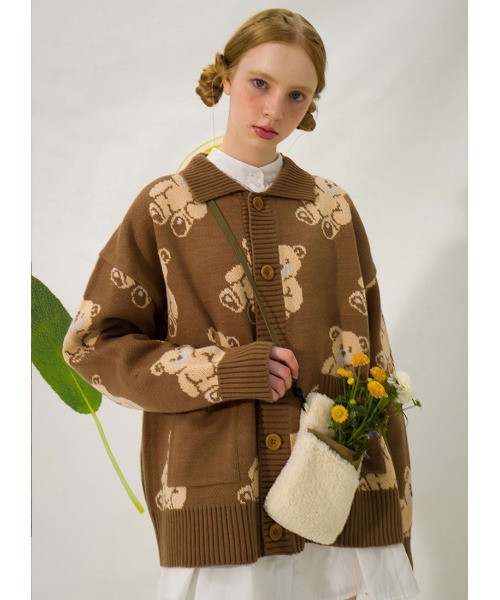 kawaii くまブローチ付ハート透かし編みカーディガン ブラウン 茶 Kuma-Chan Cardigan – Steady Hands