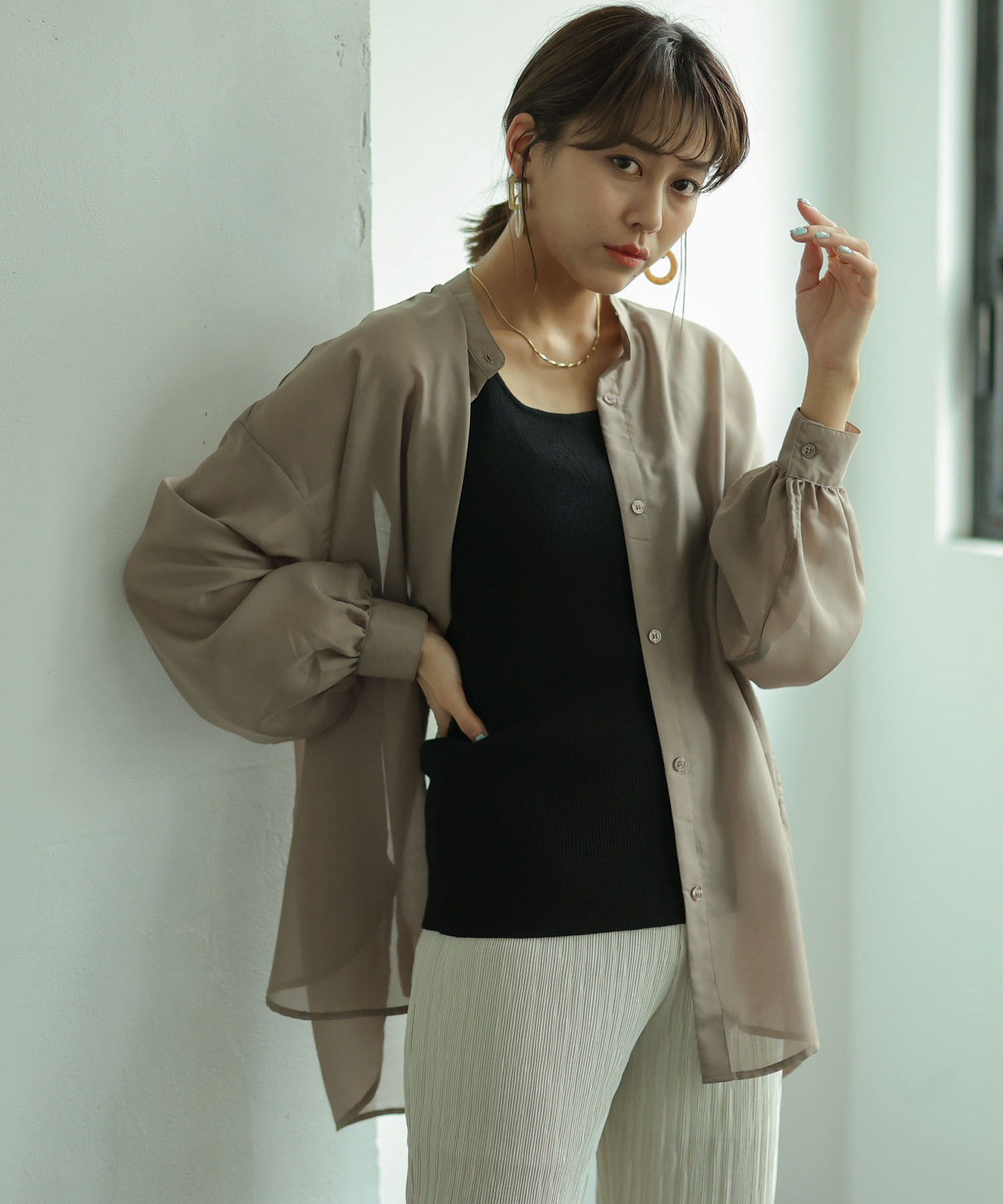 シアー素材バンドカラーオーバーシャツ Gaza Cch Ps