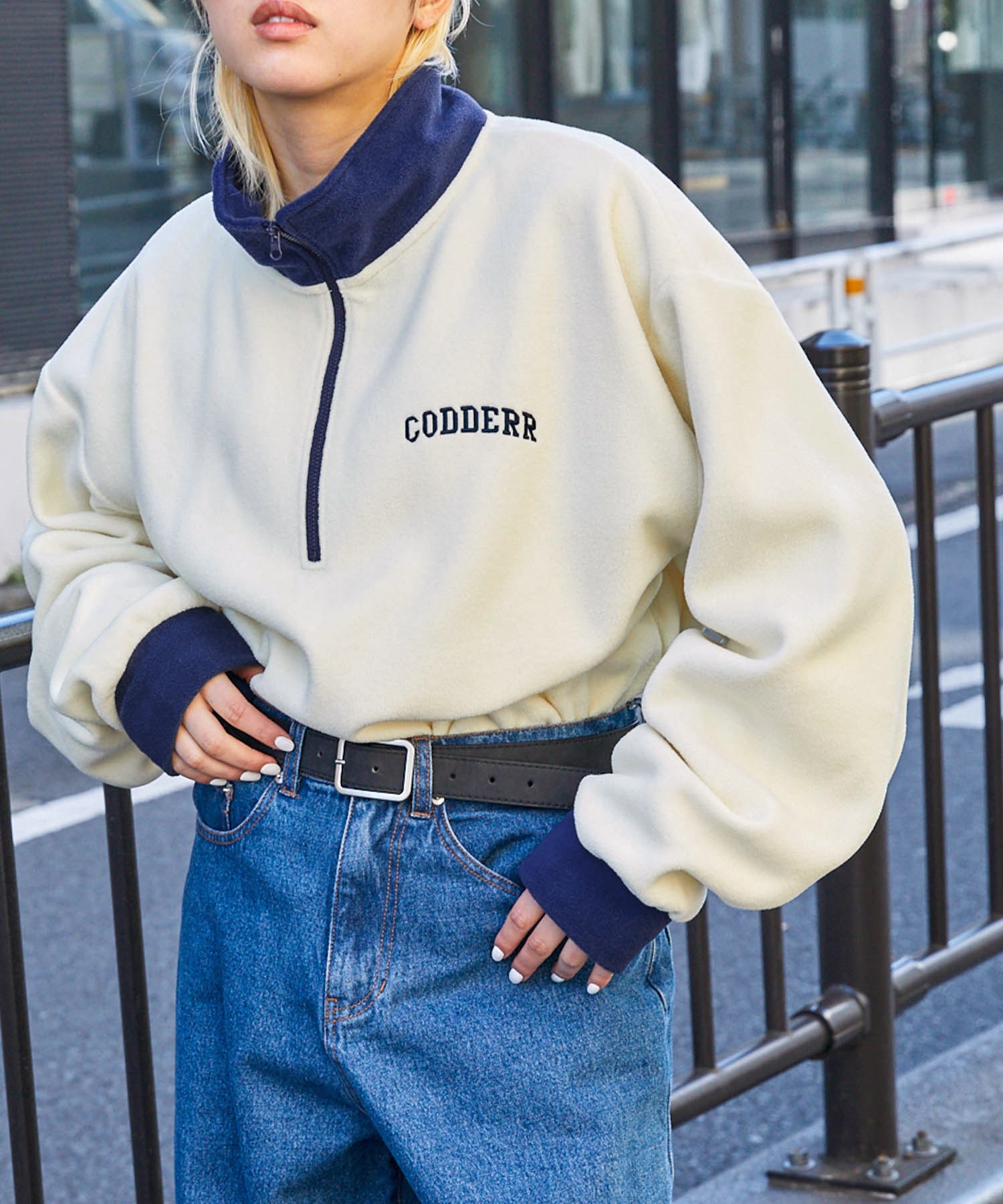 【CODDERR】ハーフジップ ロゴ刺繍 配色 オーバーサイズフリースプルオーバー