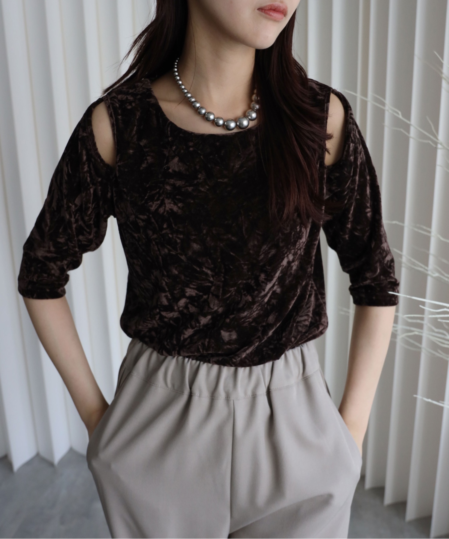 model：164cm. 着用サイズ：FREE. 袖丈：五分袖