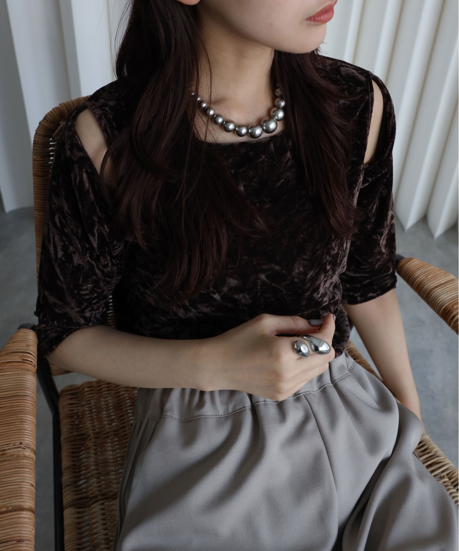 model：164cm. 着用サイズ：FREE. 袖丈：五分袖