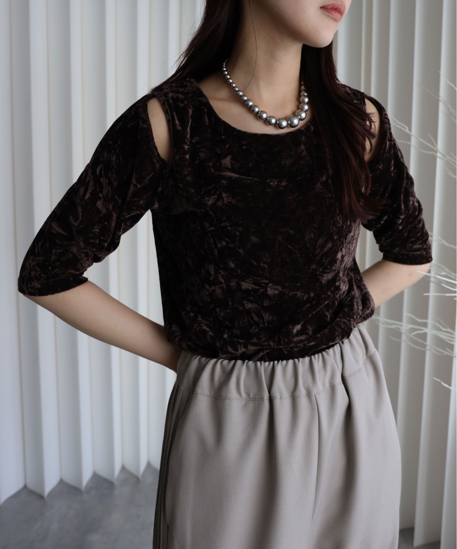 model：164cm. 着用サイズ：FREE. 袖丈：五分袖