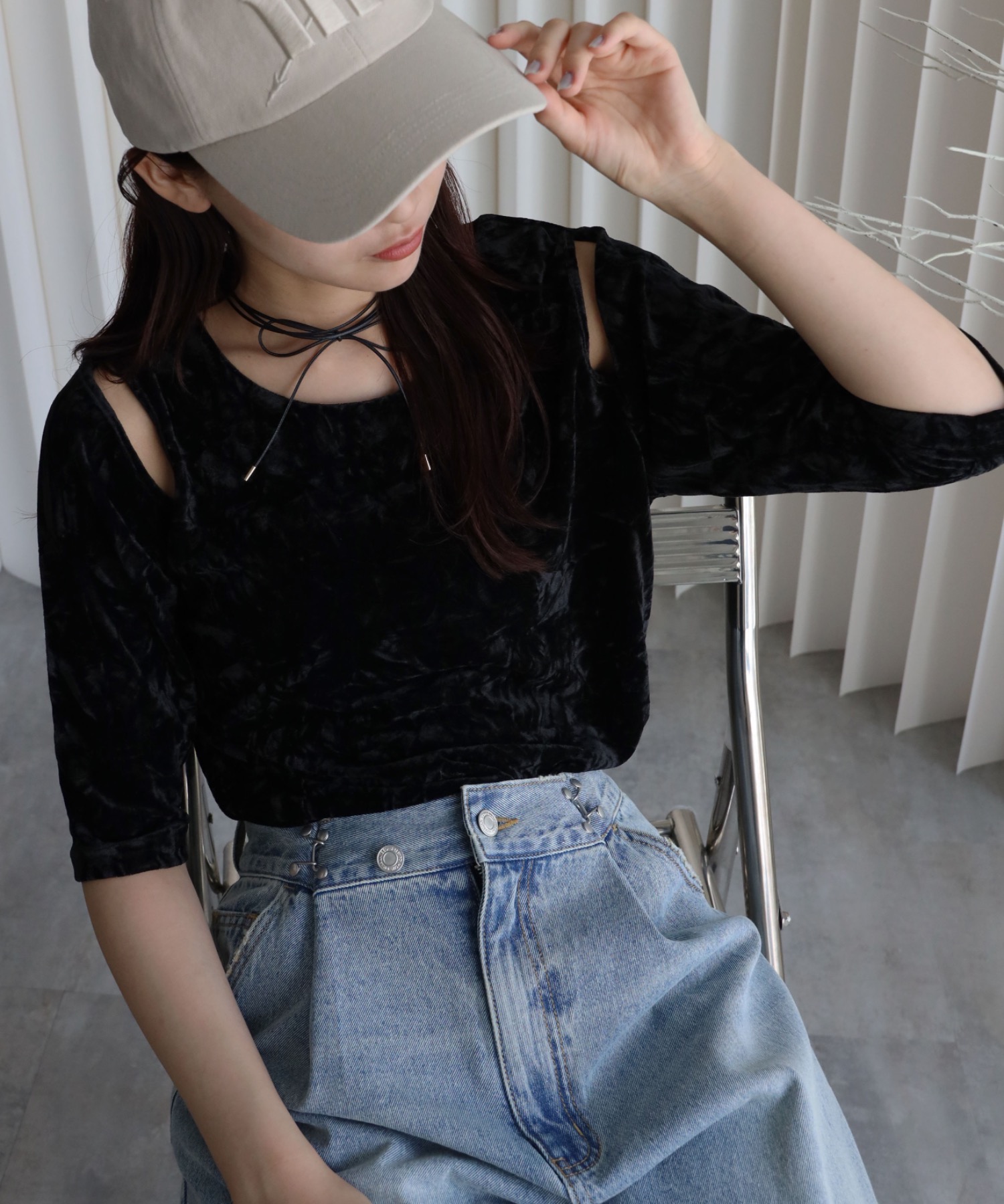 model：164cm. 着用サイズ：FREE. 袖丈：五分袖