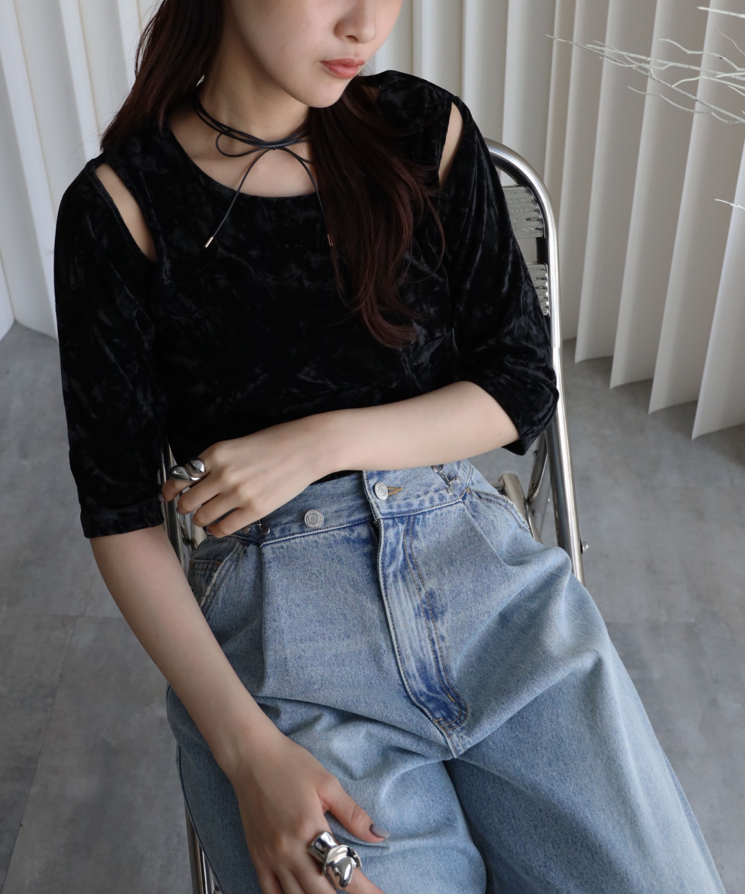 model：164cm. 着用サイズ：FREE. 袖丈：五分袖