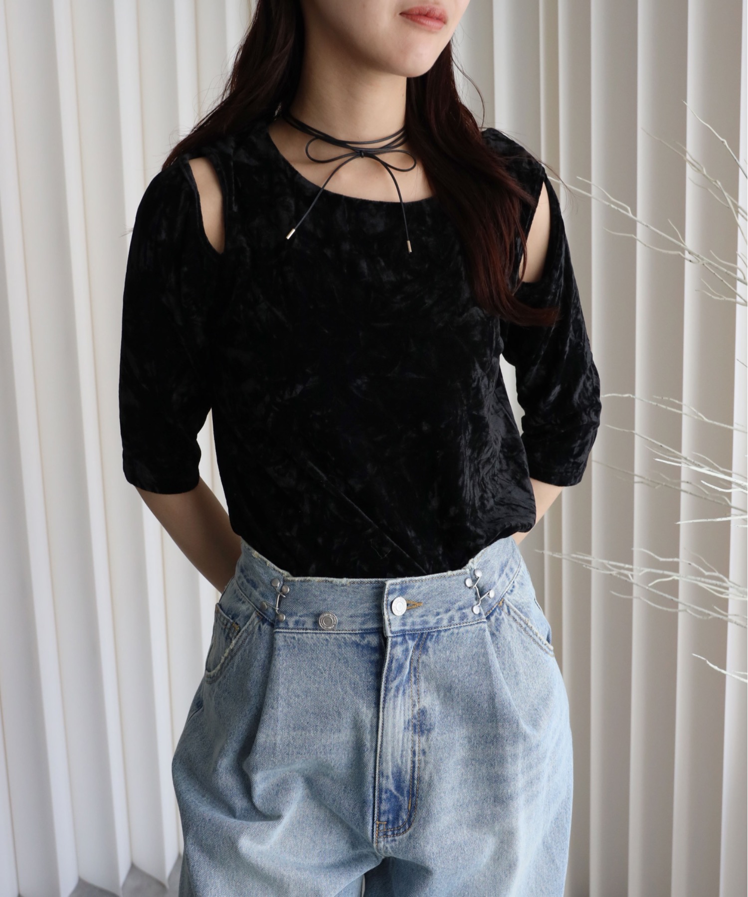 model：164cm. 着用サイズ：FREE. 袖丈：五分袖