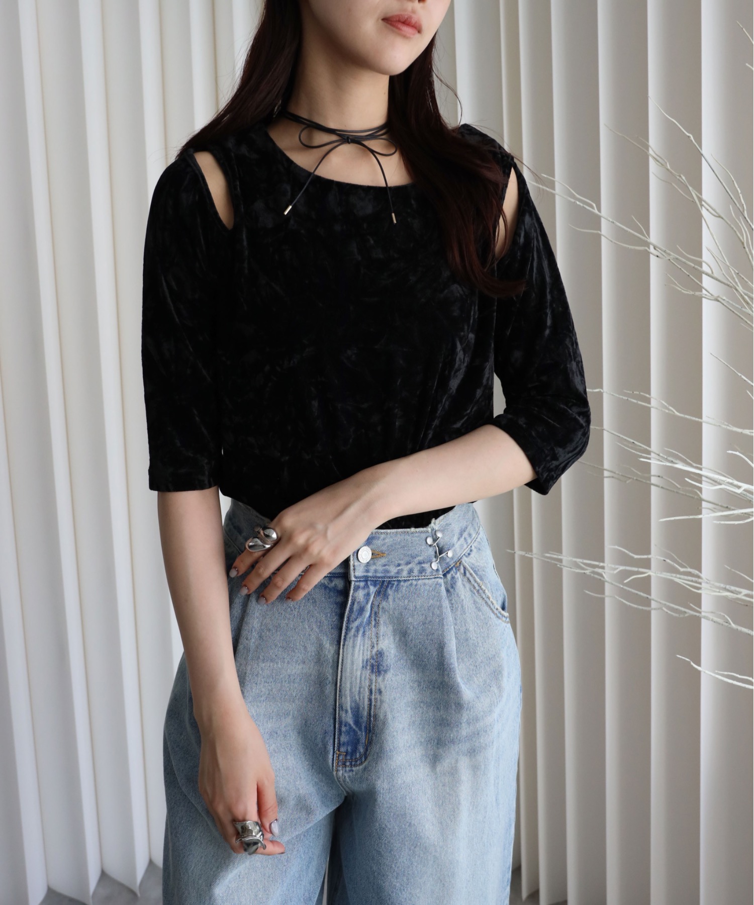 model：164cm. 着用サイズ：FREE. 袖丈：五分袖