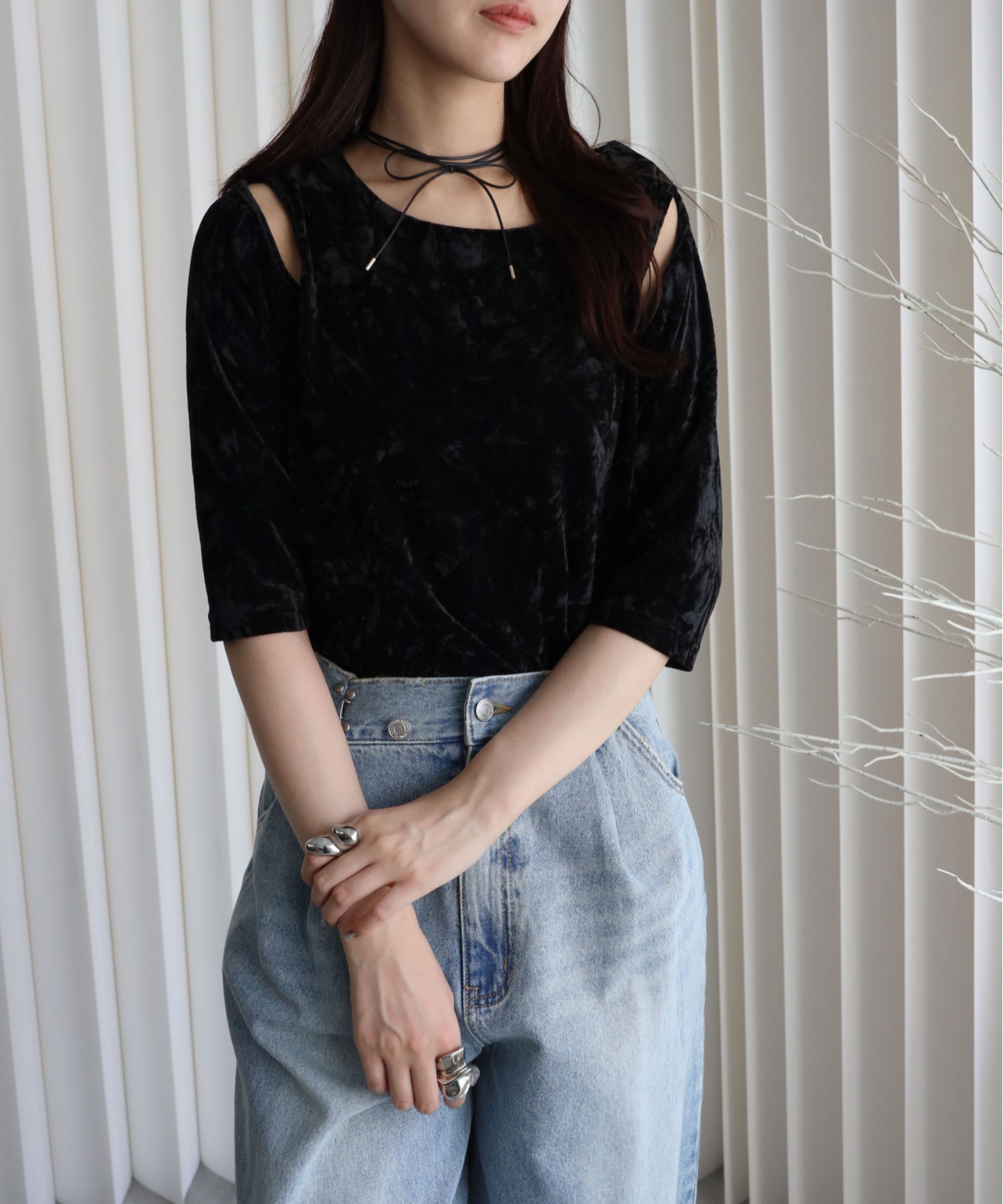 model：164cm. 着用サイズ：FREE. 袖丈：五分袖