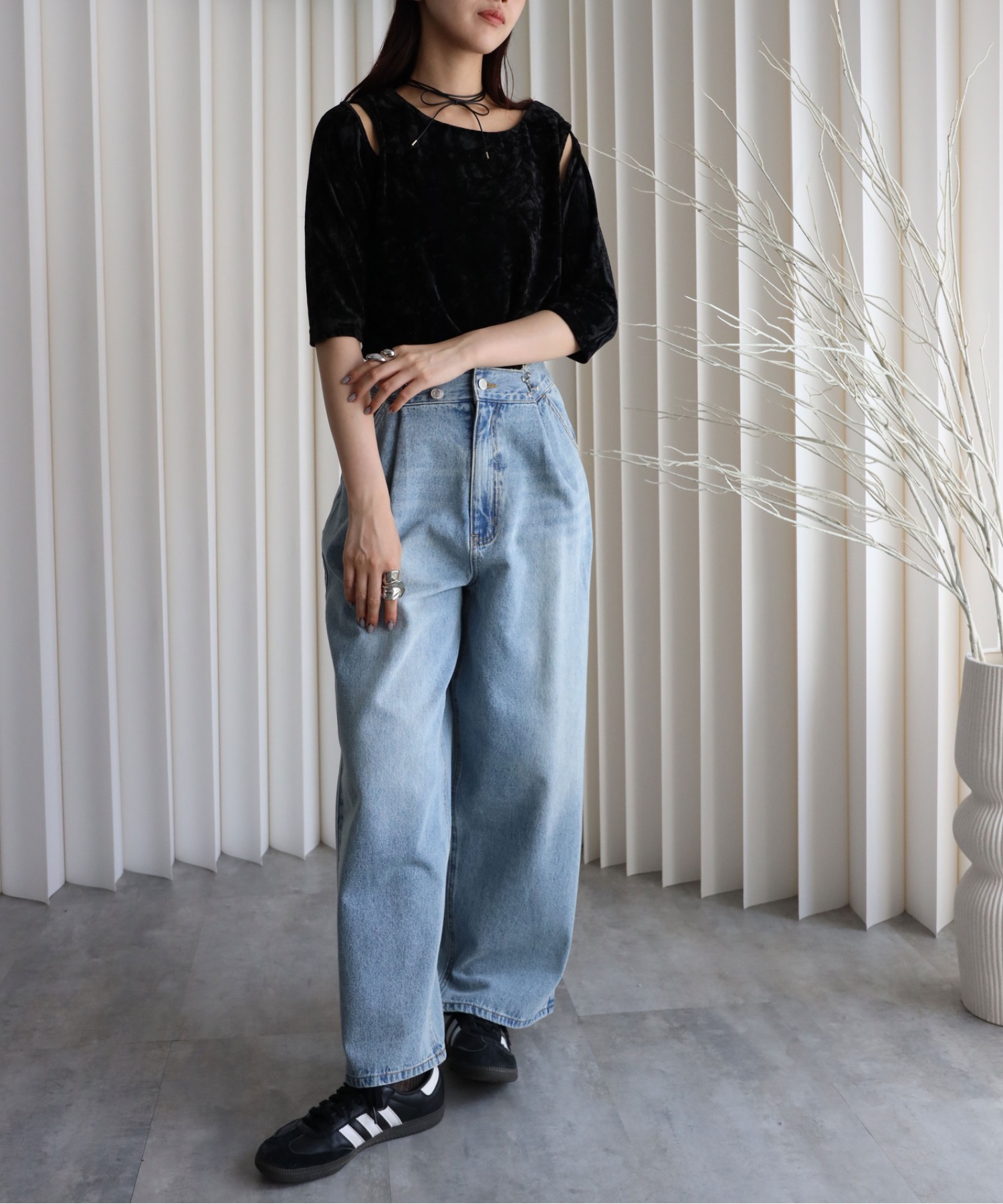 model：164cm. 着用サイズ：FREE. 袖丈：五分袖