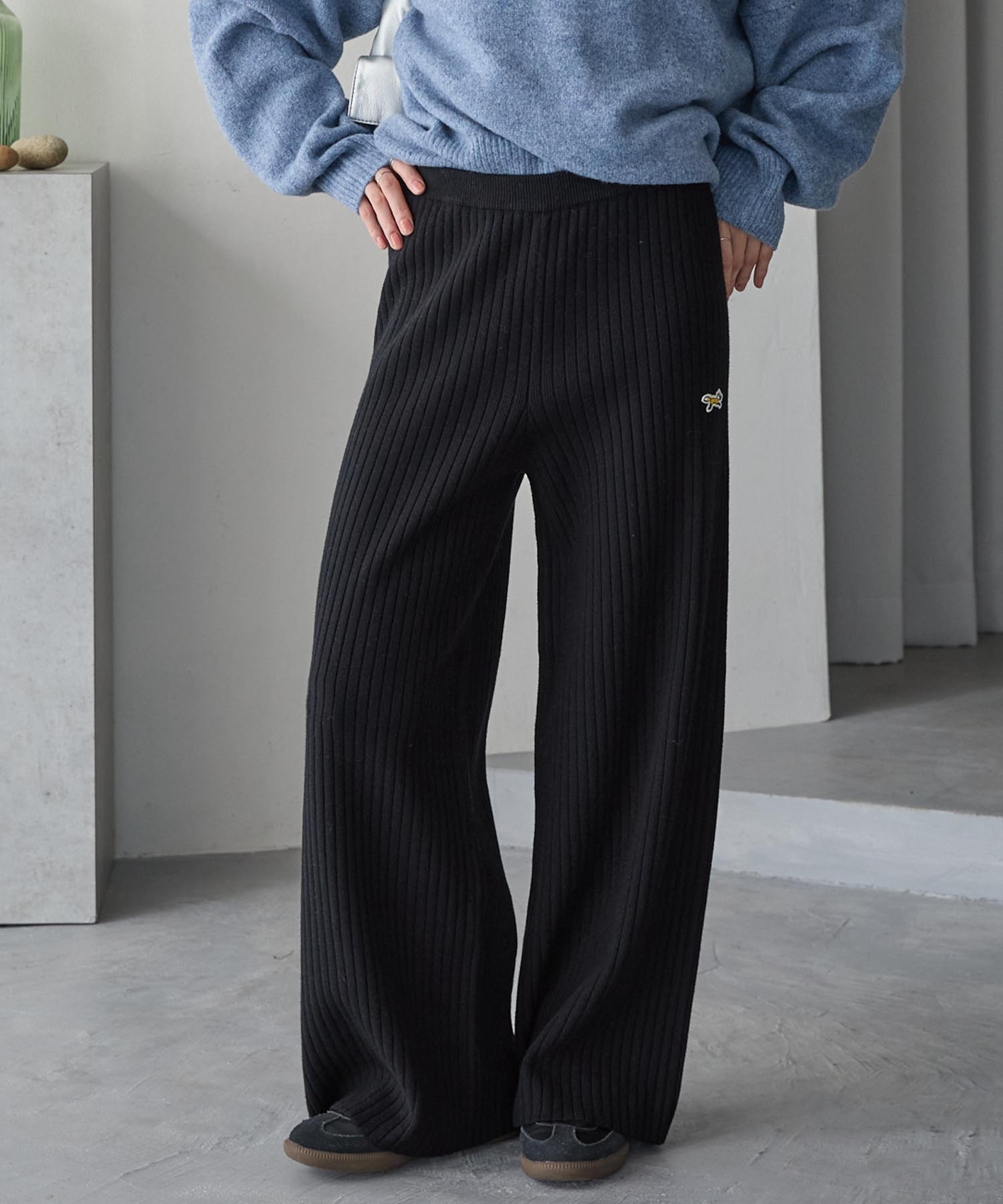 PENNEYS/ペニーズ 別注 THE FOX ロゴ ワンポイント刺繍 ストレッチリブニットワイドパンツ