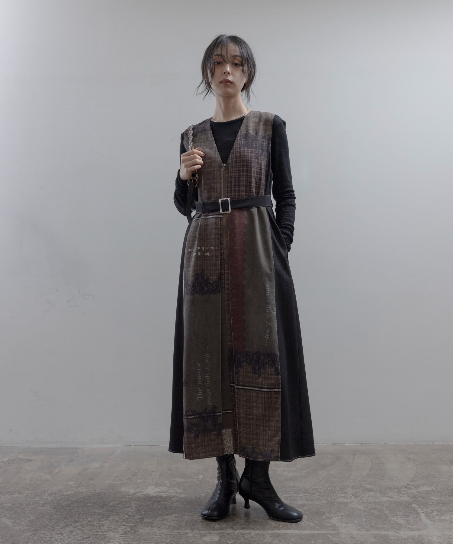 新品未使用　Alume.【エルム】ワンピース デニムONチェックプリント フロントタックワンピース Eimee Law│Eimee