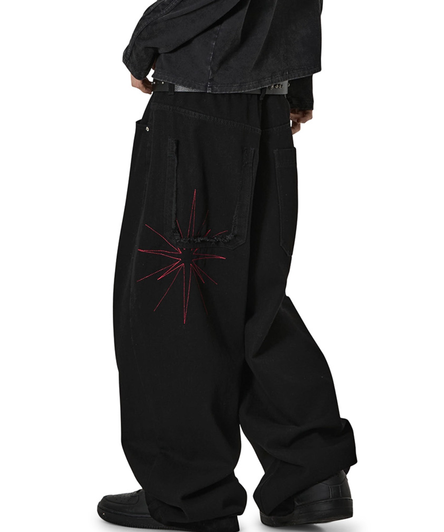 パンツ OPTICAL STAR Flowing Basketpants Black Openyard/オープンヤード』STARBURST RAW EDGE WIDE VOLUME PANTS