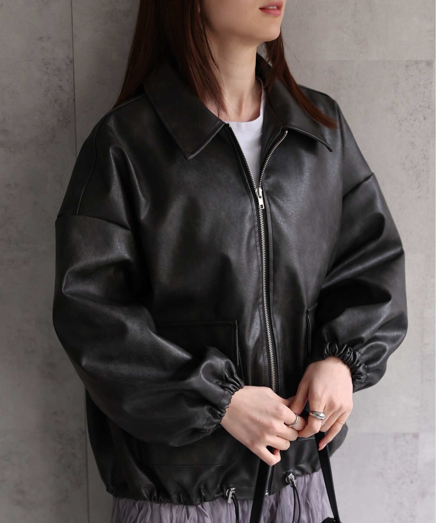 【ファーなし】新色：もやもや柄 ブラック
model：162cm 着用サイズ：F
