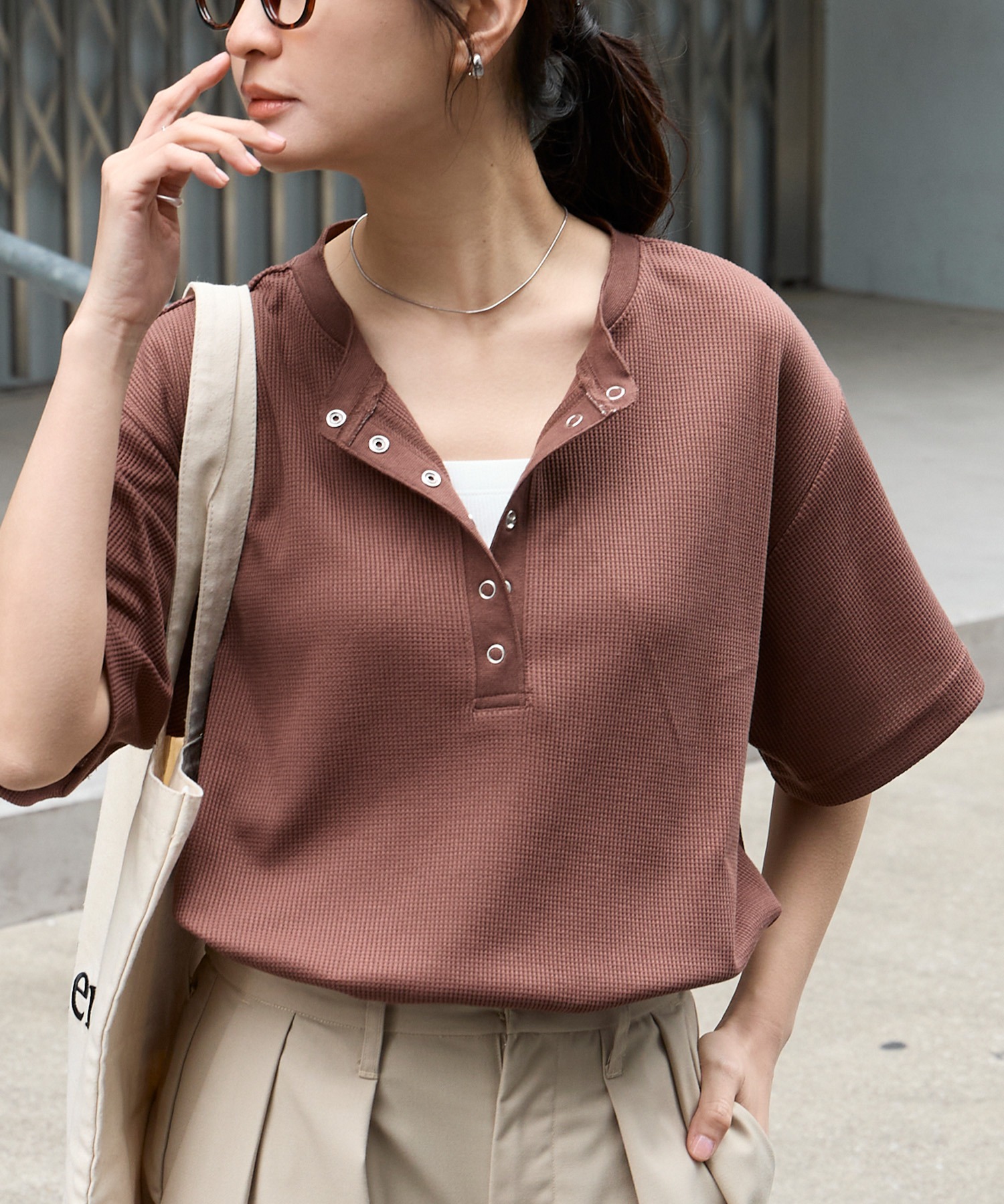 anyway.シリーズ】ワッフル ヘンリーネック 優秀Tシャツ (吸水速乾・毛