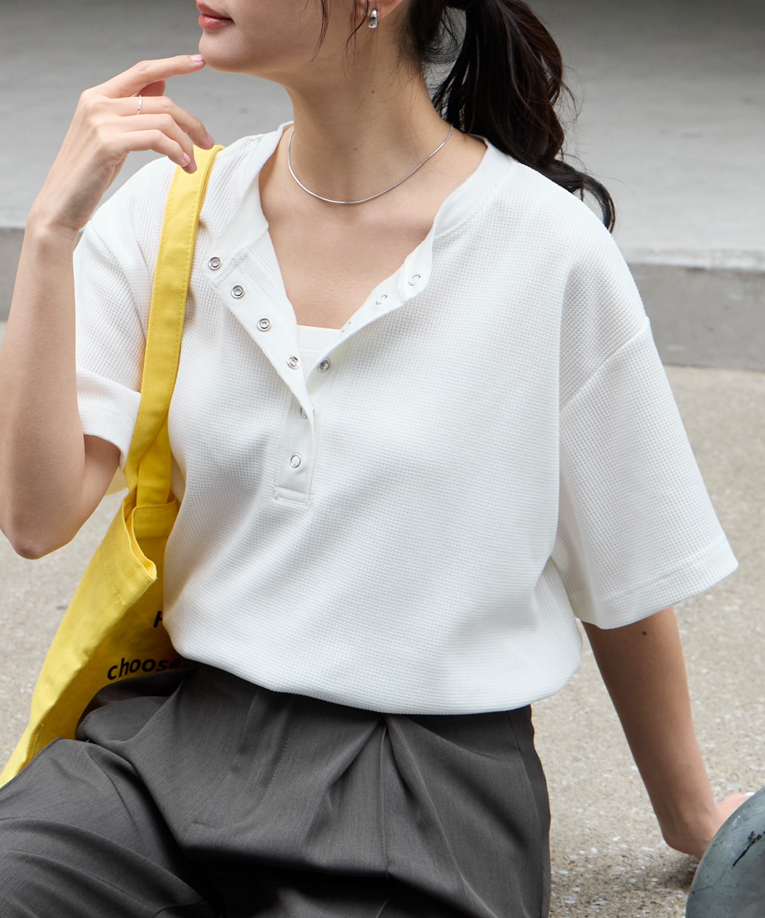 LIBEIRO popup限定 レディース　ワッフルTシャツ　Sサイズ anyway.シリーズ】ワッフル ヘンリーネック 優秀Tシャツ (吸水速乾・毛