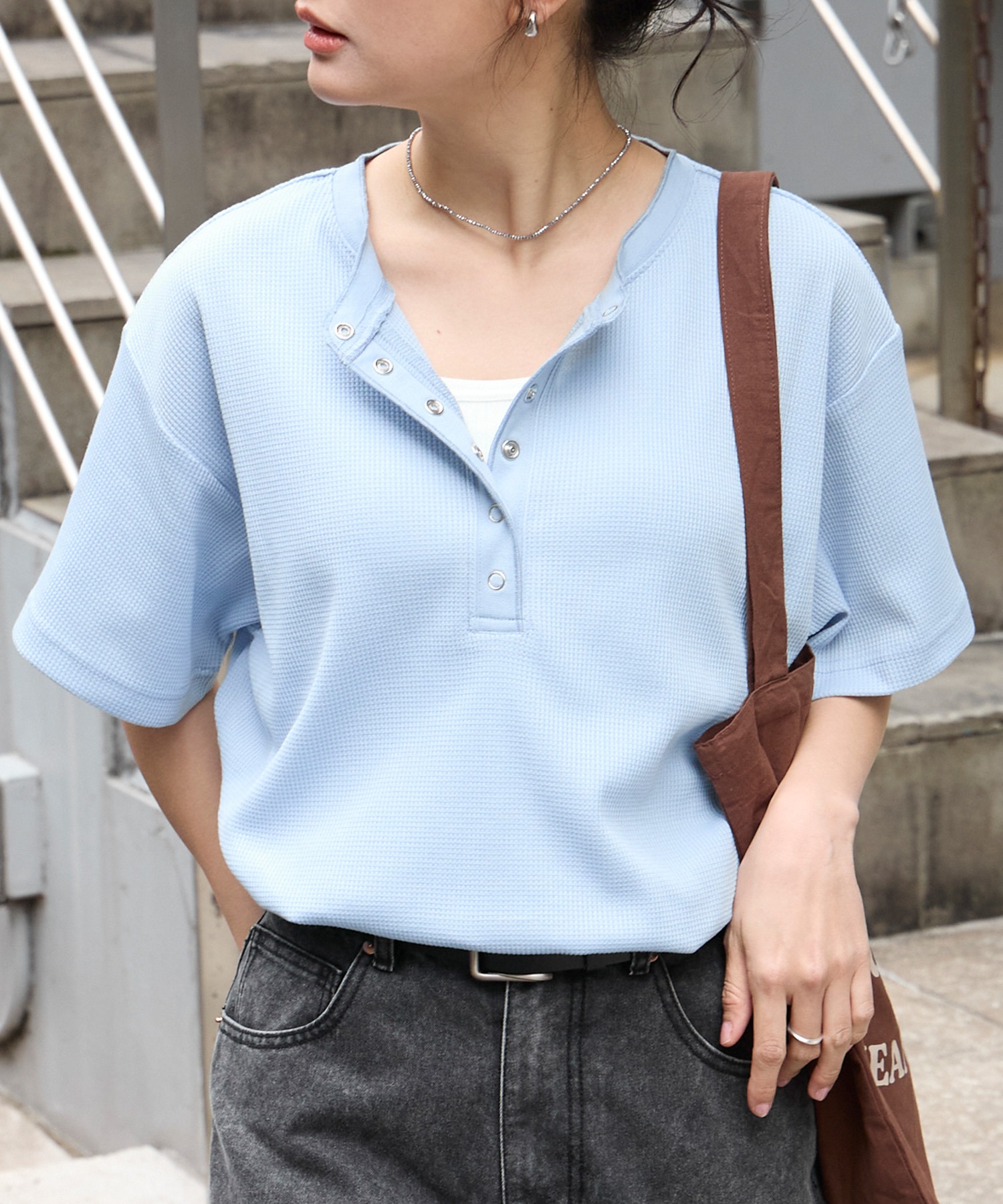 anyway.シリーズ】ワッフル ヘンリーネック 優秀Tシャツ (吸水速乾・毛 