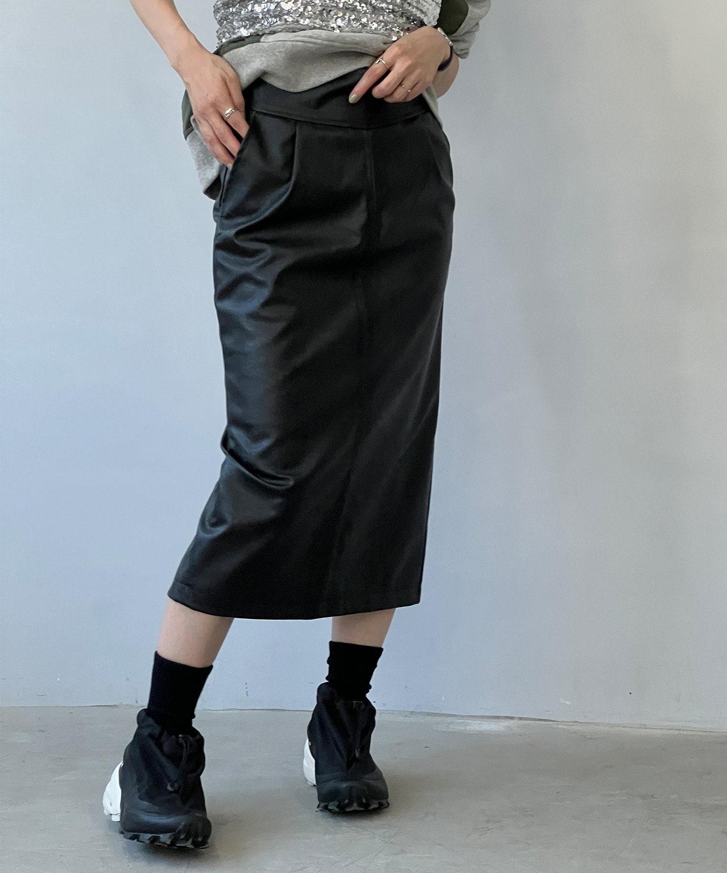 レザーライク ロングタイトスカート chw23a067-ファッション通販サイト