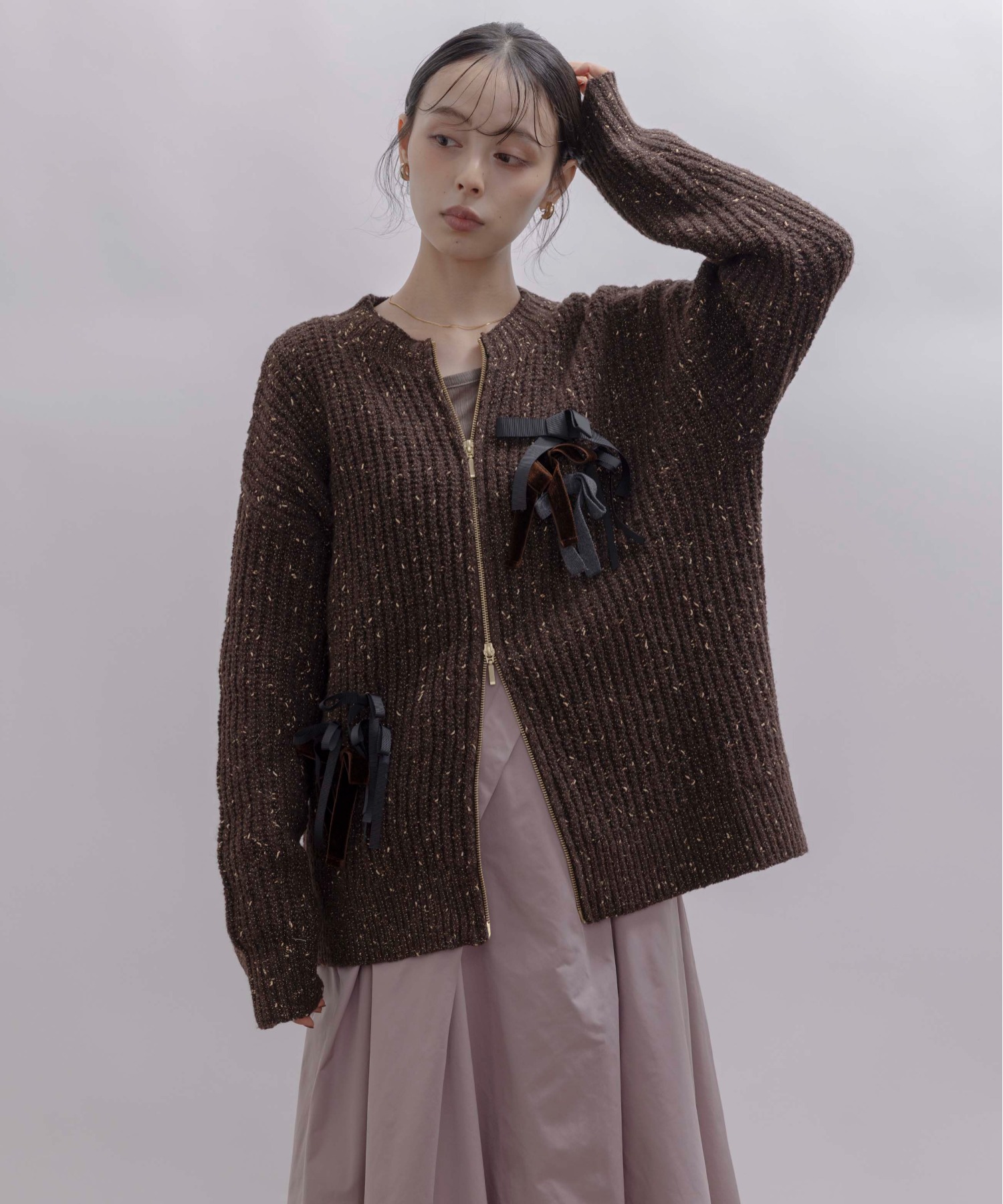 エイミーロウ ランダムリボンラメネップZIPカーデ ベージュ フリー ランダムリボンラメネップZIPカーデ Eimee Law│Eimee Law & LHELBIE