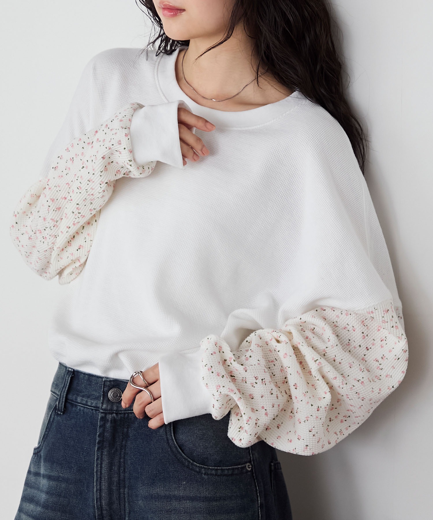 forksy.】小花柄袖切り替えワッフルロンT forksy.│MONO-MART