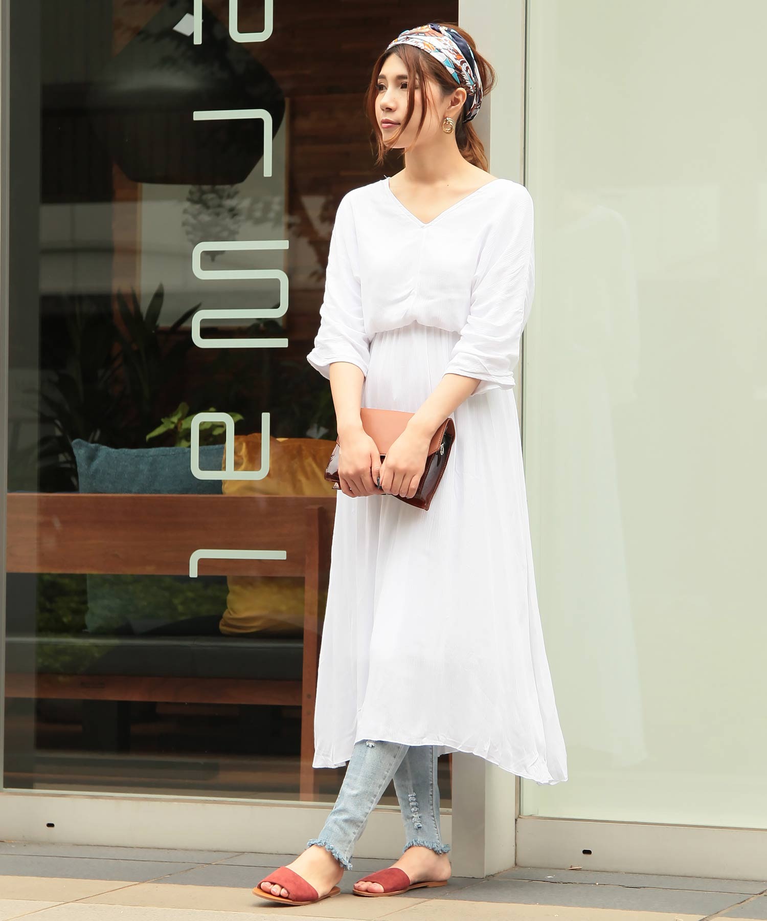 New Arrival 花柄 無地ゆったりシルエットvネックマキシワンピース