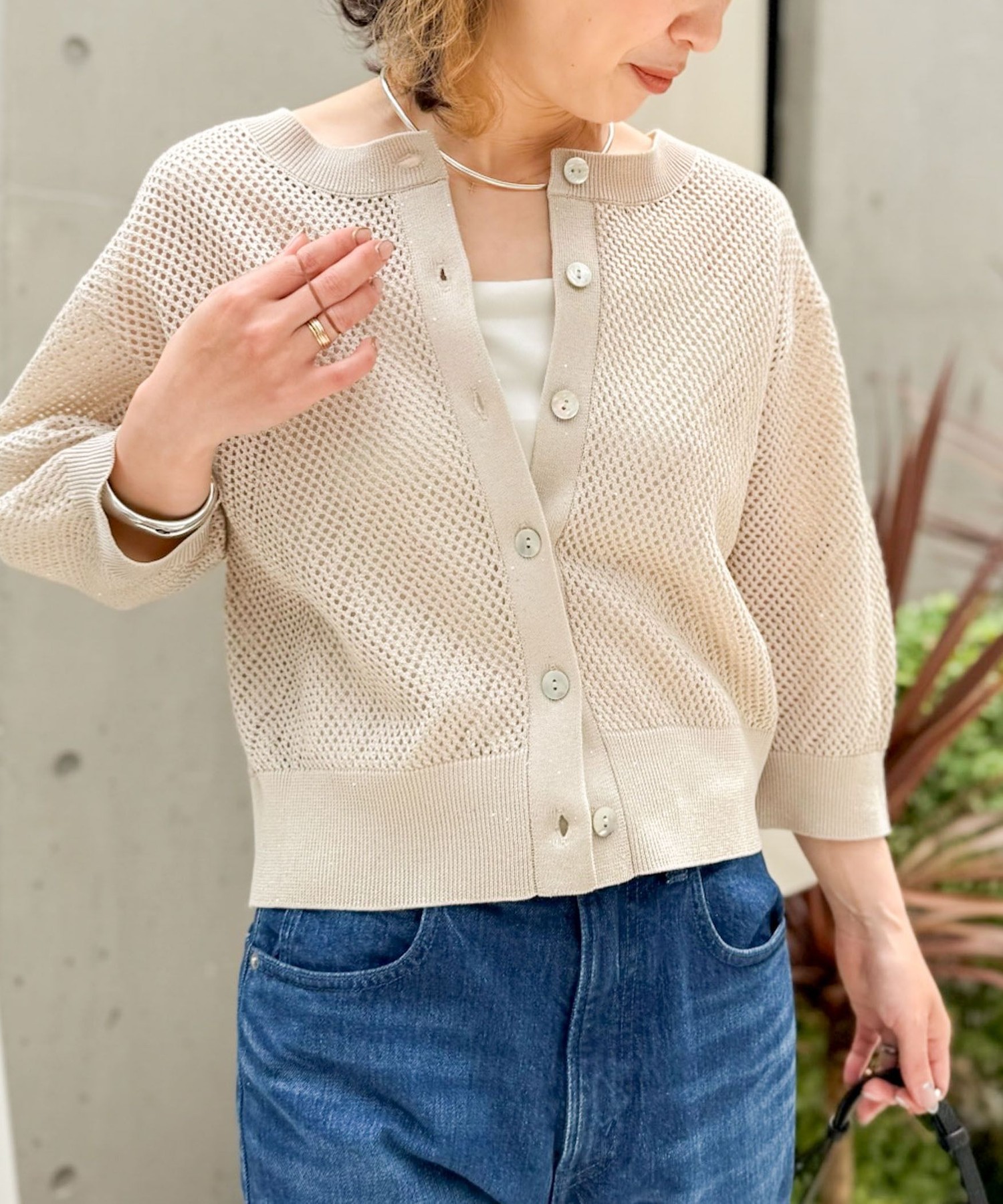 手洗い可能》スパンコールメッシュ5分袖カーディガン