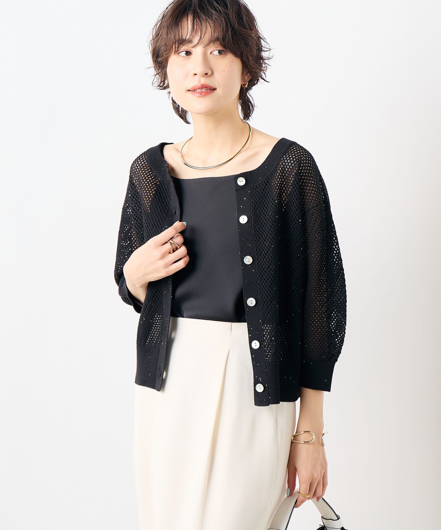 手洗い可能》スパンコールメッシュ5分袖カーディガン