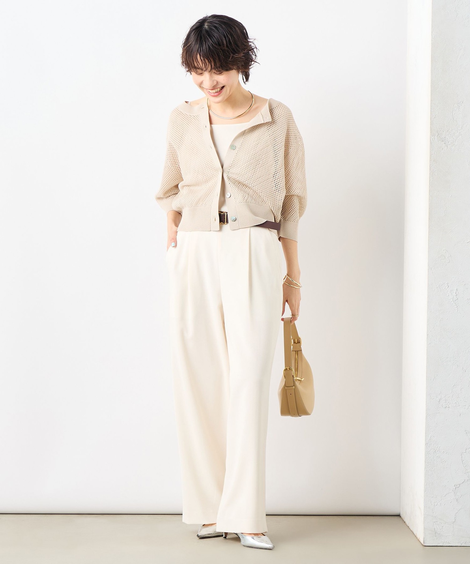 手洗い可能》スパンコールメッシュ5分袖カーディガン