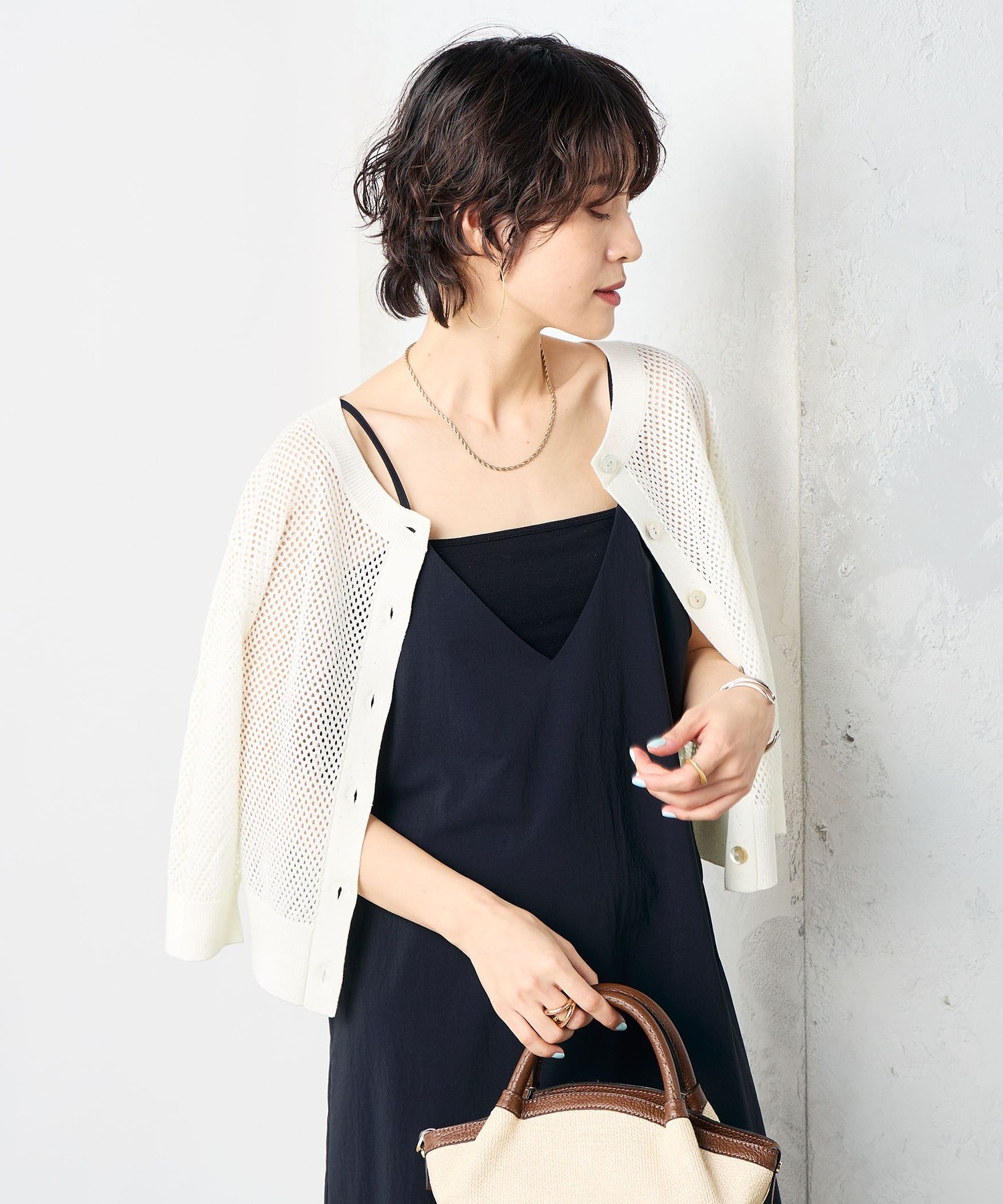 手洗い可能》スパンコールメッシュ5分袖カーディガン