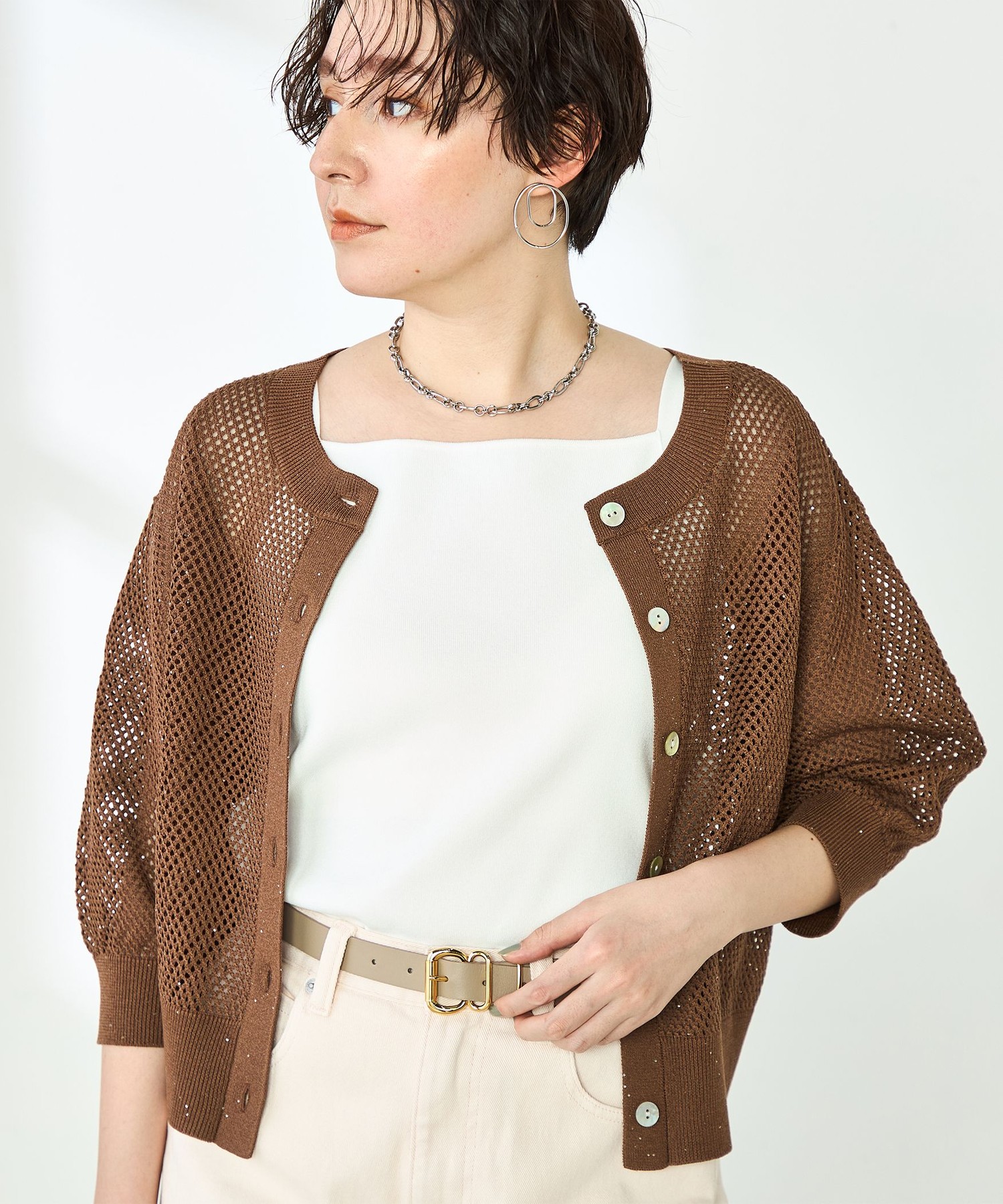 手洗い可能》スパンコールメッシュ5分袖カーディガン