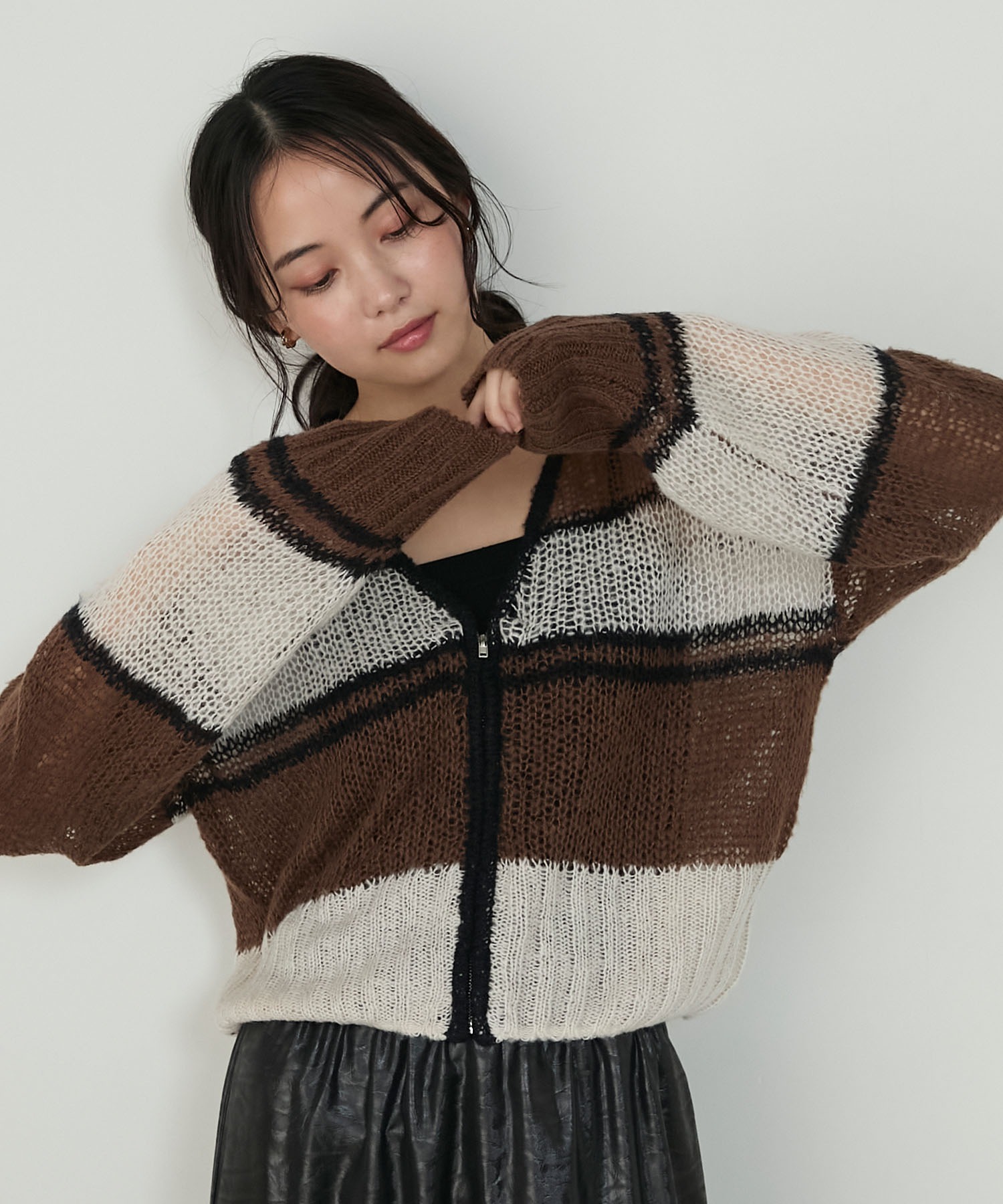 forksy.】マルチボーダーモヘアタッチ シアージップカーディガン