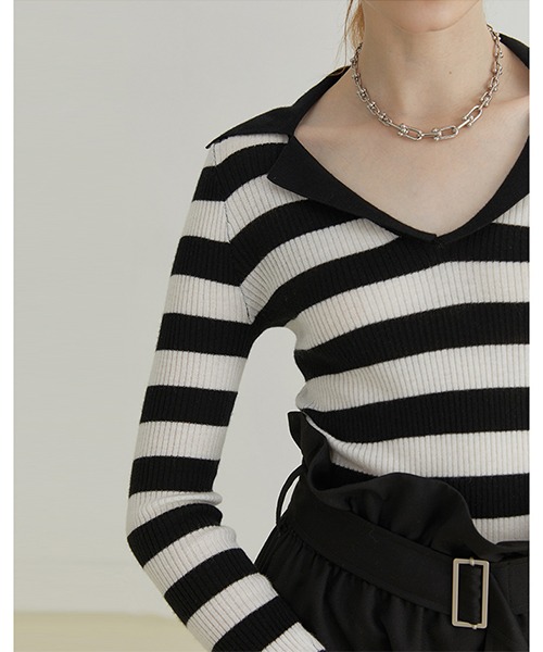 Fano Studios】Open collar striped rib knit FQ21S108