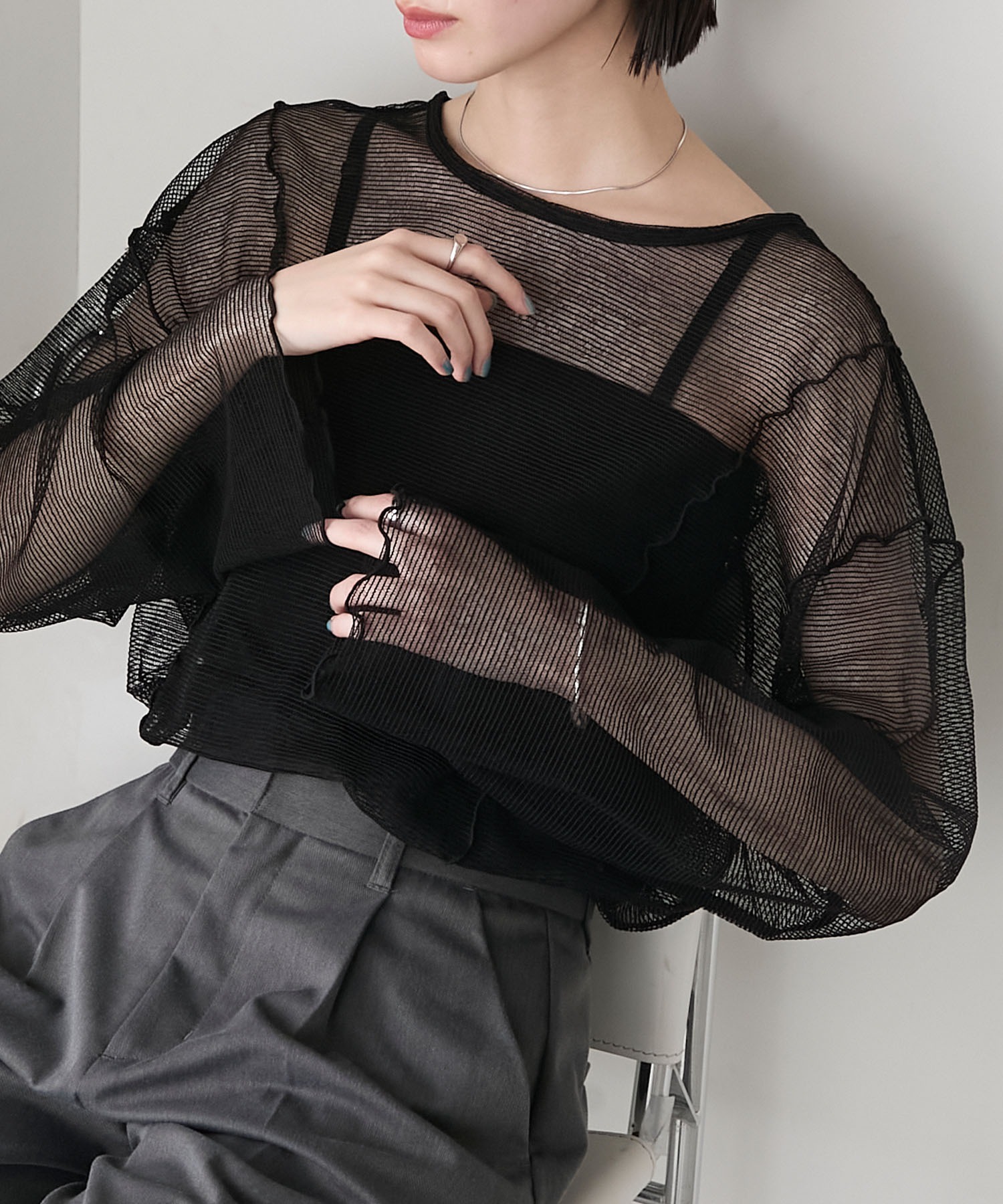 forksy.】シアー ボーダー メロー ロングスリーブTシャツ forksy